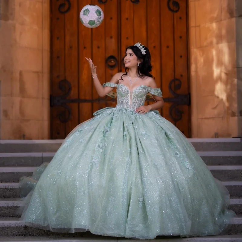 Mint Green Quinceanera Dress off-shoulder Glitter 3D Flower Decal Long tail Bow vestidos de 15 Quinceanera Customized
Mint Green Quinceanera Dress off-shoulder Glitter 3D Flower Decal Long tail Bow vestidos de 15 Quinceanera Customized
