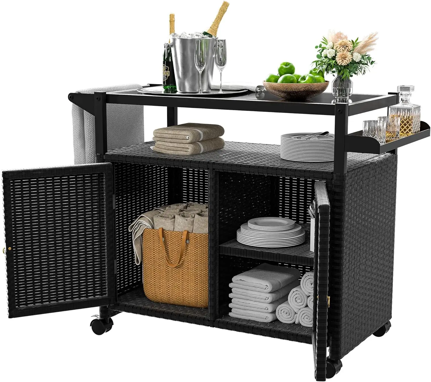 Outdoor Bar Table, Wicker Bar Cart with Cabinet, Patio Serving Cart with Tempered Glass Top, Lockable Wheels, Rounded Handle & S
Outdoor Bar Table, Wicker Bar Cart with Cabinet, Patio Serving Cart with Tempered Glass Top, Lockable Wheels, Rounded Handle & S