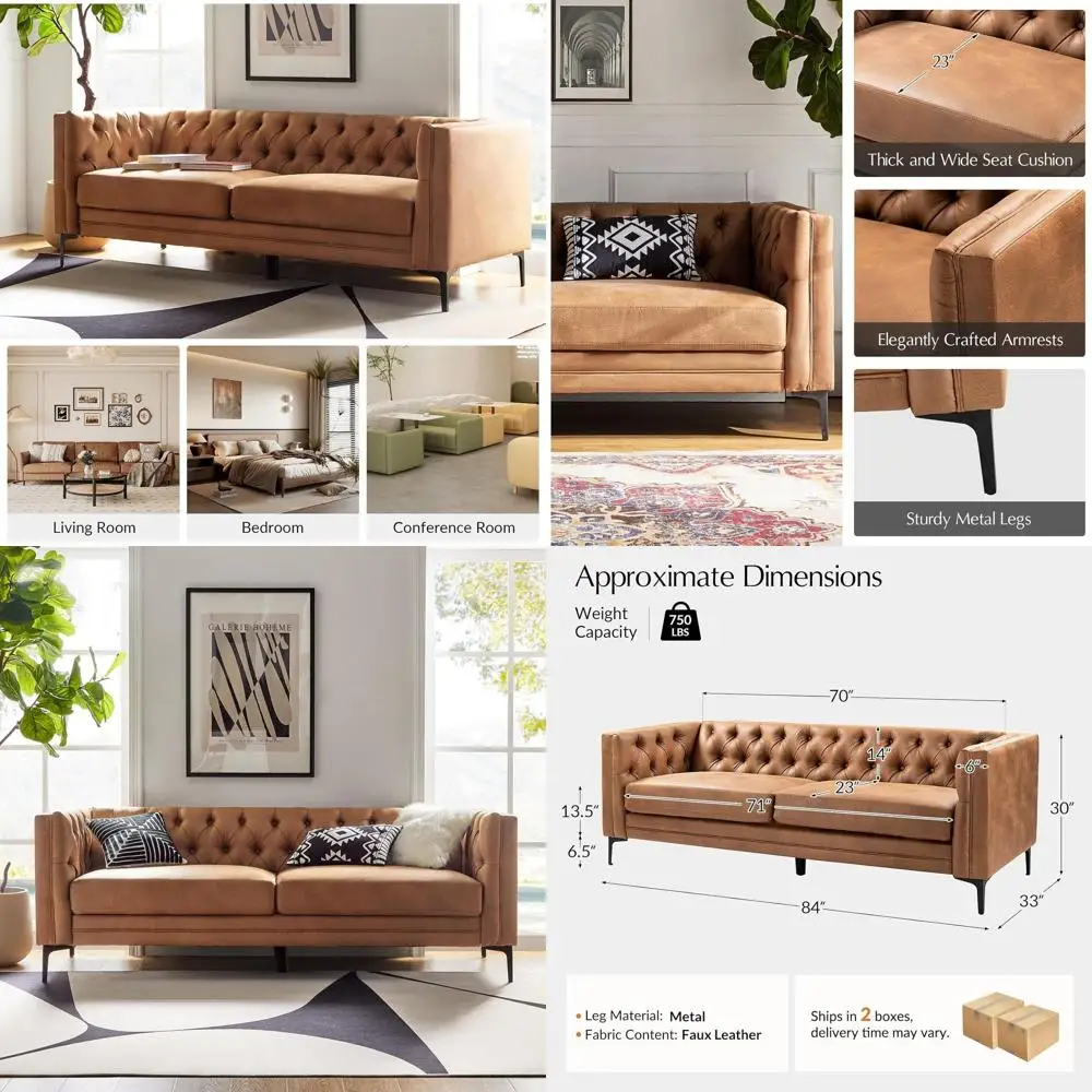 3-Seater Button-Tufted Leather Sofa with Metal Legs for Living Room and Entertainment Spaces in Camel Color
3-Seater Button-Tufted Leather Sofa with Metal Legs for Living Room and Entertainment Spaces in Camel Color