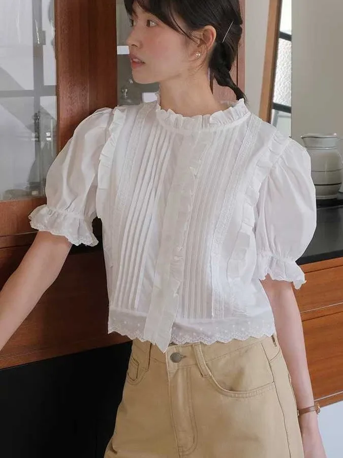 Sweet White Lace Trim Bubble Sleeve Shirt Women's Korean Style Short Sleeve Straight Cut Commute Fashion round Neck Cardigan
Sweet White Lace Trim Bubble Sleeve Shirt Women's Korean Style Short Sleeve Straight Cut Commute Fashion round Neck Cardigan