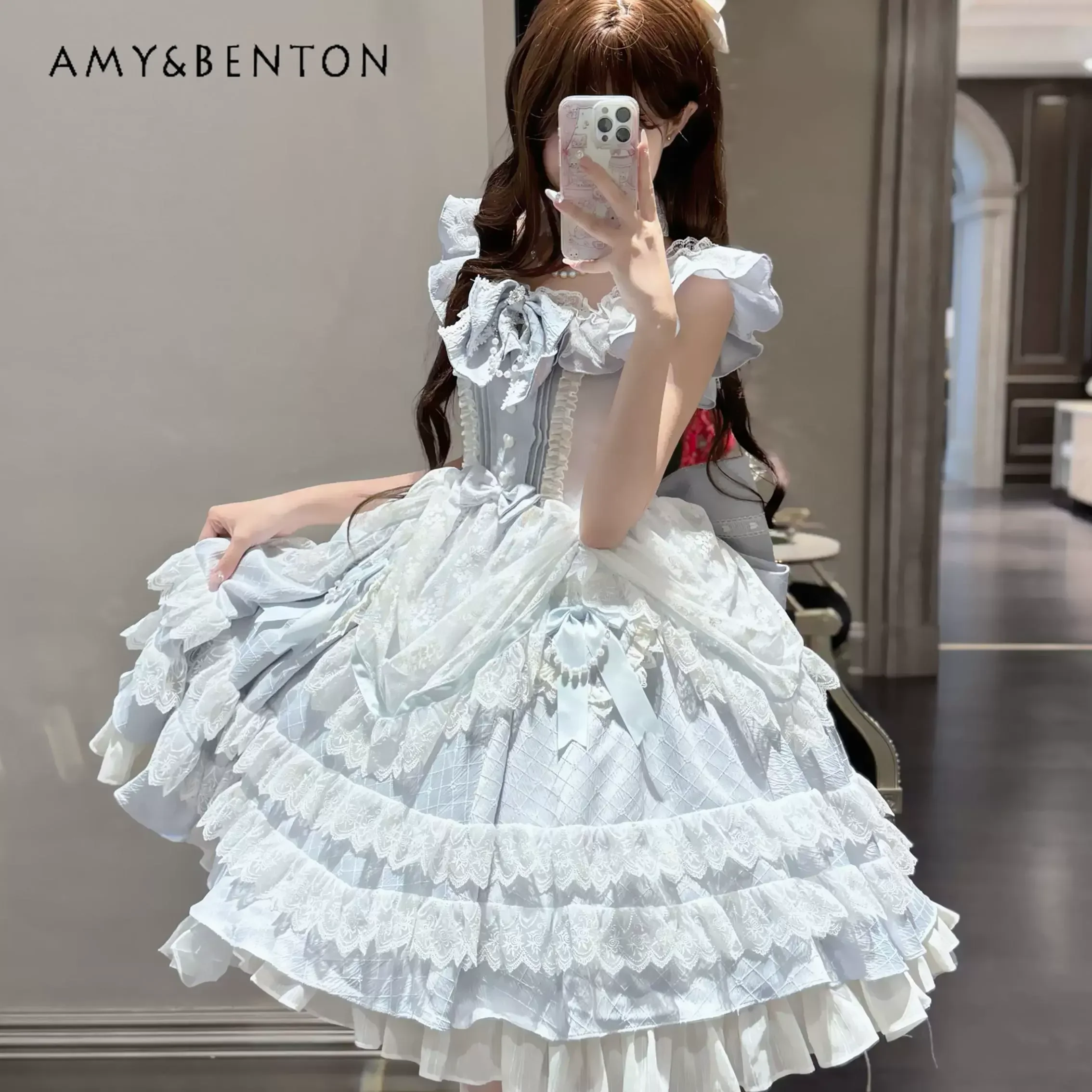 Blue Retro Sweet Gorgeous Evening Dresses Kawaii Lolita Lace Princess Dress Cute Bow Heavy Industry High Waist Slim Tutu Dress
Blue Retro Sweet Gorgeous Evening Dresses Kawaii Lolita Lace Princess Dress Cute Bow Heavy Industry High Waist Slim Tutu Dress