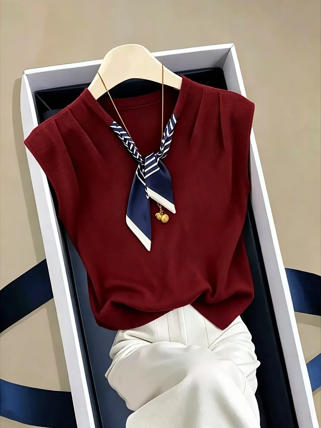 Korean Style Ice Silk Knitted Top with Scarf Belt Design Fashionable Sleeveless Vest for Summer Straight Cut Commute Wear
Korean Style Ice Silk Knitted Top with Scarf Belt Design Fashionable Sleeveless Vest for Summer Straight Cut Commute Wear