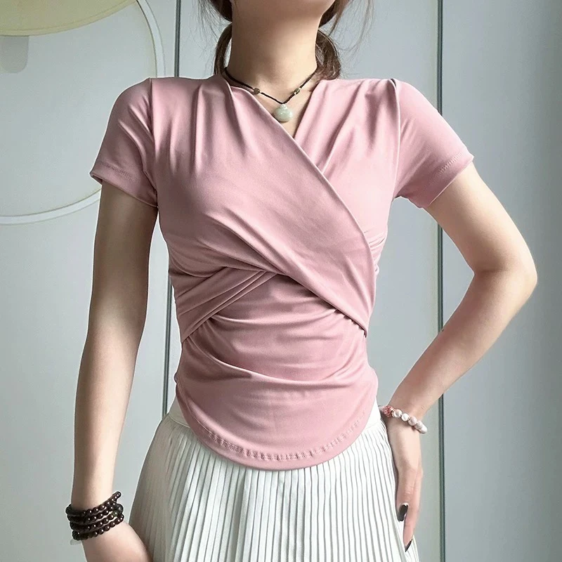 Women's yoga sports short sleeved shirt, cross front one-piece chest cushion, slim yoga training sports top
Women's yoga sports short sleeved shirt, cross front one-piece chest cushion, slim yoga training sports top