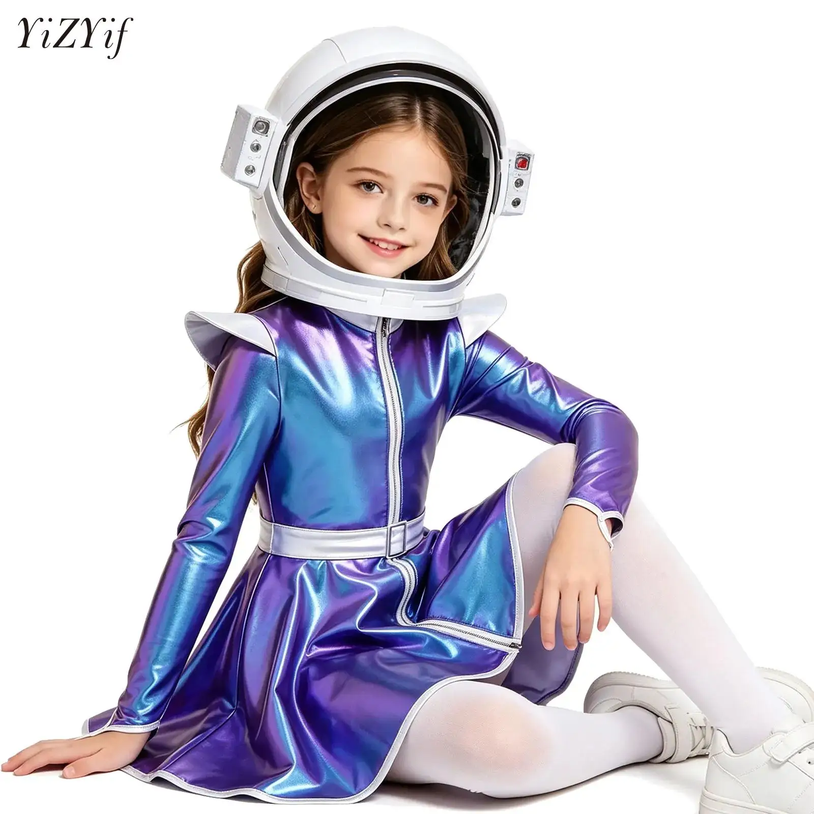 Girls Halloween Alien Cosplay Costume Long Sleeves Zip Up A-line Dress Shiny Metallic Outer Space Astronaut Robot Dress Clothes
Girls Halloween Alien Cosplay Costume Long Sleeves Zip Up A-line Dress Shiny Metallic Outer Space Astronaut Robot Dress Clothes