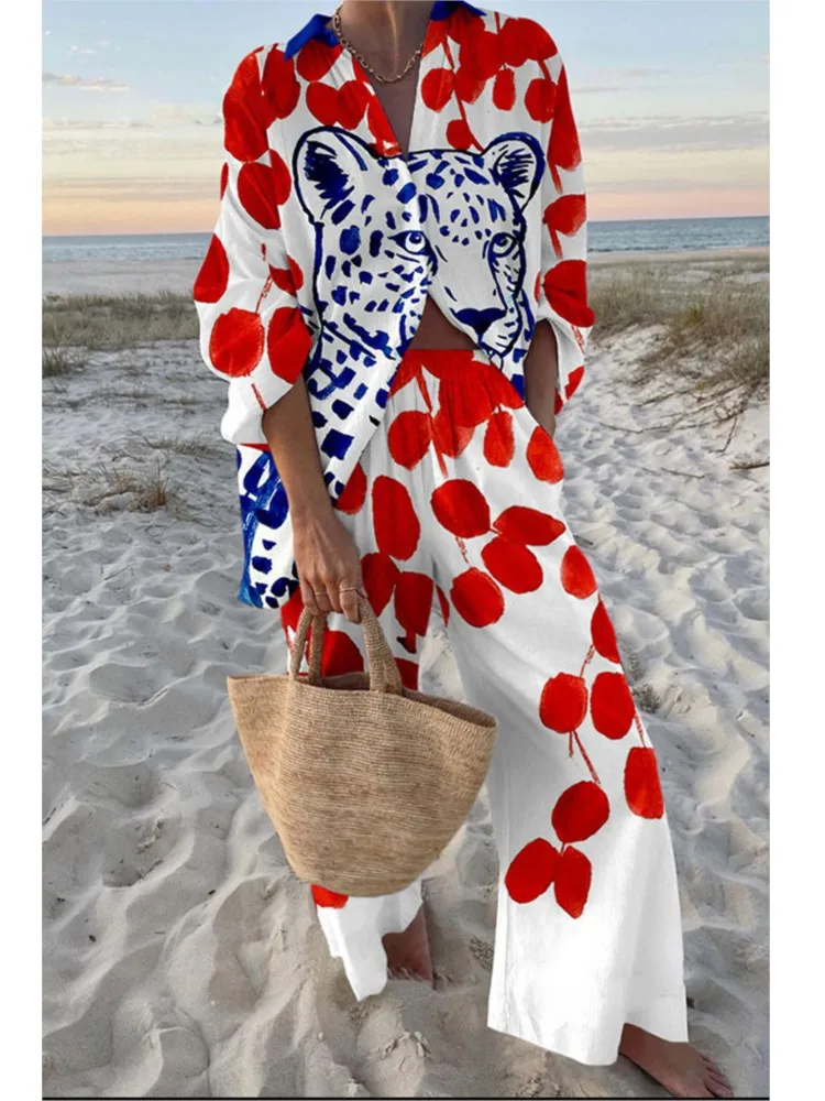 Women Two Pieces Pants Set Printed Shirt Suit Single Breasted Lapel Short Sleeve Shirt + Wide Leg Trousers Sets Lady New Outfits
Women Two Pieces Pants Set Printed Shirt Suit Single Breasted Lapel Short Sleeve Shirt + Wide Leg Trousers Sets Lady New Outfits