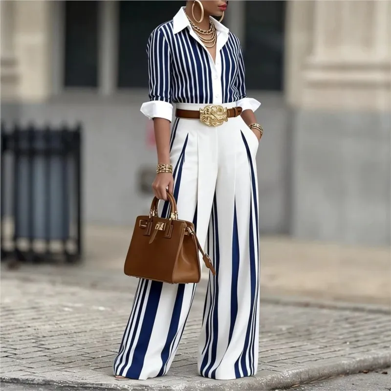 Y2k Fashion Stripe Printed Two Piece Set Woman's Spring Autumn Chic Lapel Loose Shirt+Wide Leg Pants Office Outfit With Belt
Y2k Fashion Stripe Printed Two Piece Set Woman's Spring Autumn Chic Lapel Loose Shirt+Wide Leg Pants Office Outfit With Belt