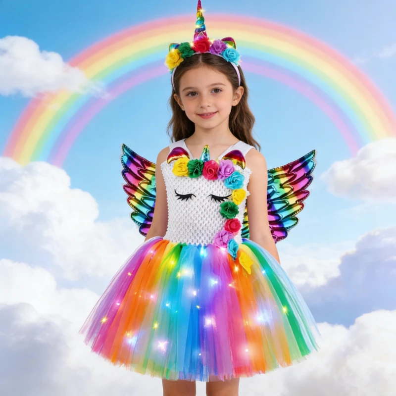 Led Lights Flower Unicorn Costume for Girls Christmas Halloween Outfit Kids Rainbow Unicorns Princess Dresses with Hairbow Wings
Led Lights Flower Unicorn Costume for Girls Christmas Halloween Outfit Kids Rainbow Unicorns Princess Dresses with Hairbow Wings