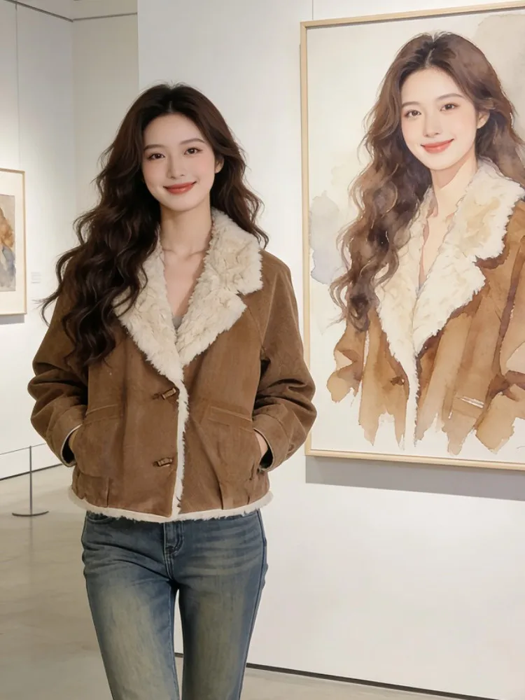 Карамельная замшевая куртка из овечьей шерсти для женщин, утепленная, с интегрированным мехом, короткая, в корейском стиле, свободного кроя, хлопковое пальто
Карамельная замшевая куртка из овечьей шерсти для женщин, утепленная, с интегрированным мехом, короткая, в корейском стиле, свободного кроя, хлопковое пальто