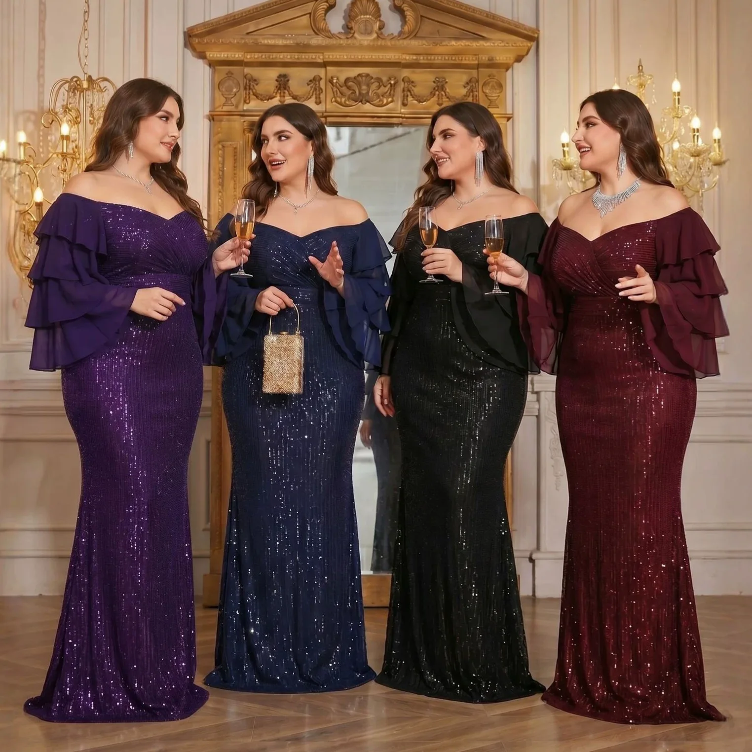 Off Shoulder Tiered Ruffle Long Sleeve Vertical Sequin Mermaid Dress Multi Shades Plus Size Floor Gala Mother of Bride Gown
Off Shoulder Tiered Ruffle Long Sleeve Vertical Sequin Mermaid Dress Multi Shades Plus Size Floor Gala Mother of Bride Gown