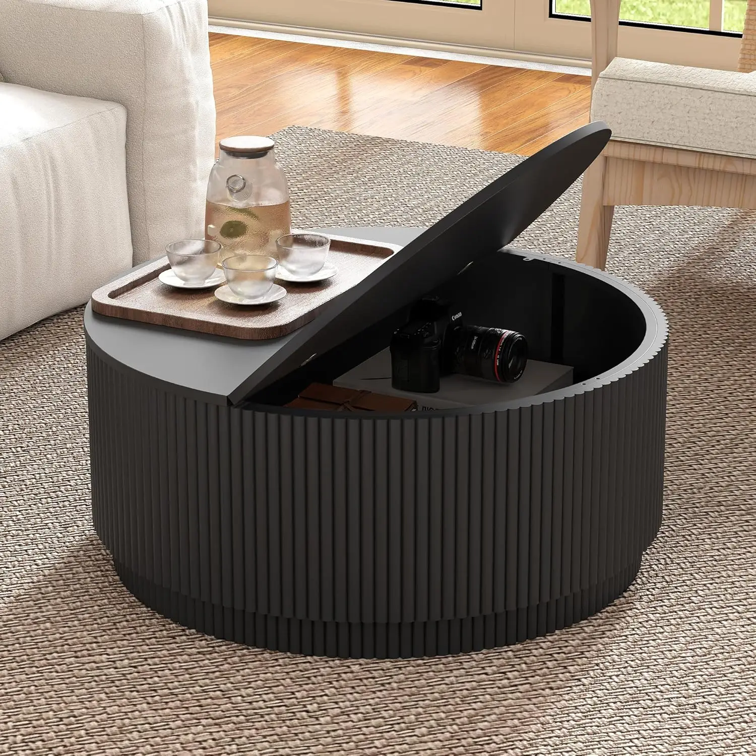 31.5" Round Coffee Table Black - ModernAccentTable with Fluted Base & Storage, Wooden Circle CenterTableforLiving RoomSmallSpace
31.5" Round Coffee Table Black - ModernAccentTable with Fluted Base & Storage, Wooden Circle CenterTableforLiving RoomSmallSpace