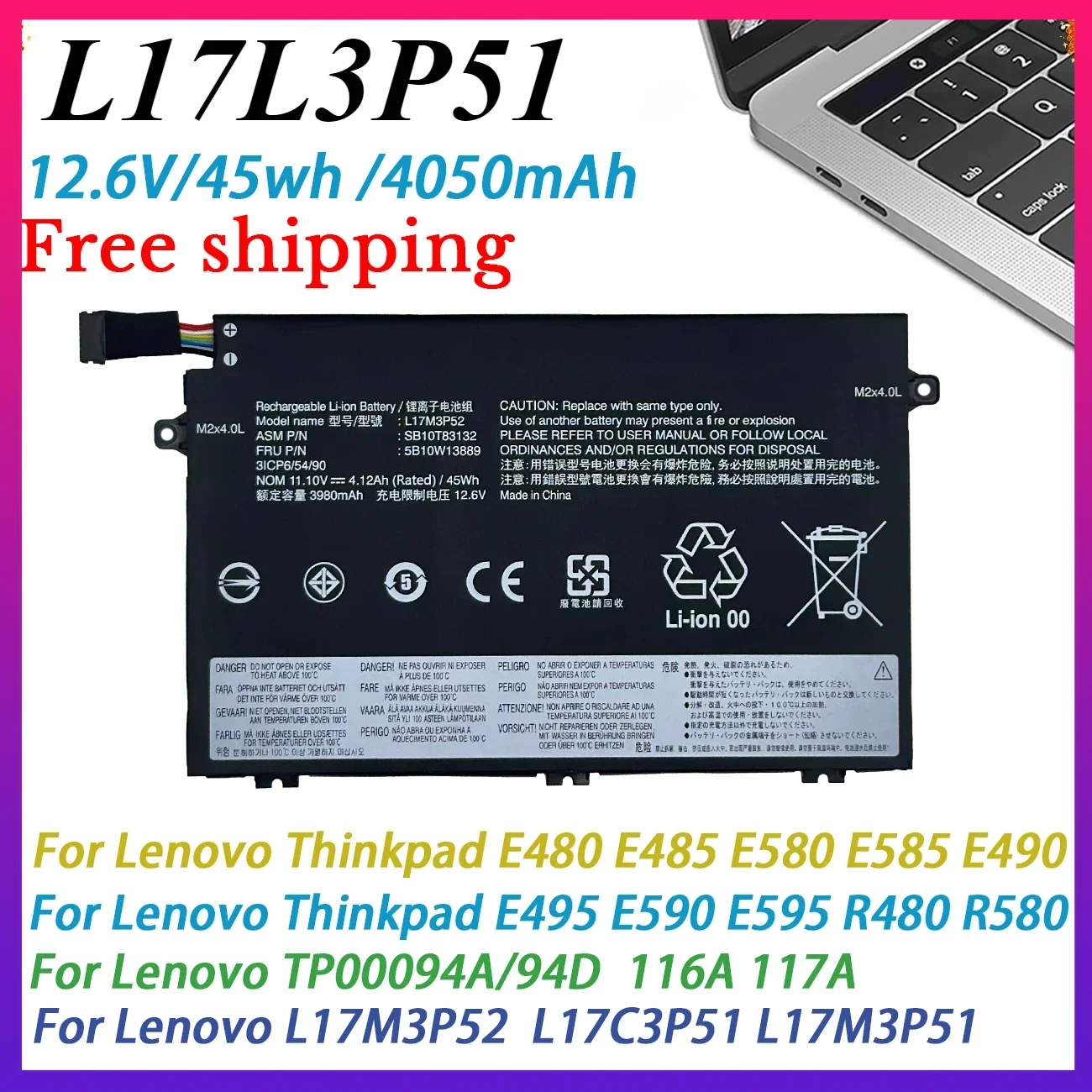 NEW L17L3P51 New Laptop battery for Lenovo Thinkpad E480 E490 L17C3P51 L17M3P51 L17M3P52 01AV445 01AV447 01AV448 E41-50
NEW L17L3P51 New Laptop battery for Lenovo Thinkpad E480 E490 L17C3P51 L17M3P51 L17M3P52 01AV445 01AV447 01AV448 E41-50
