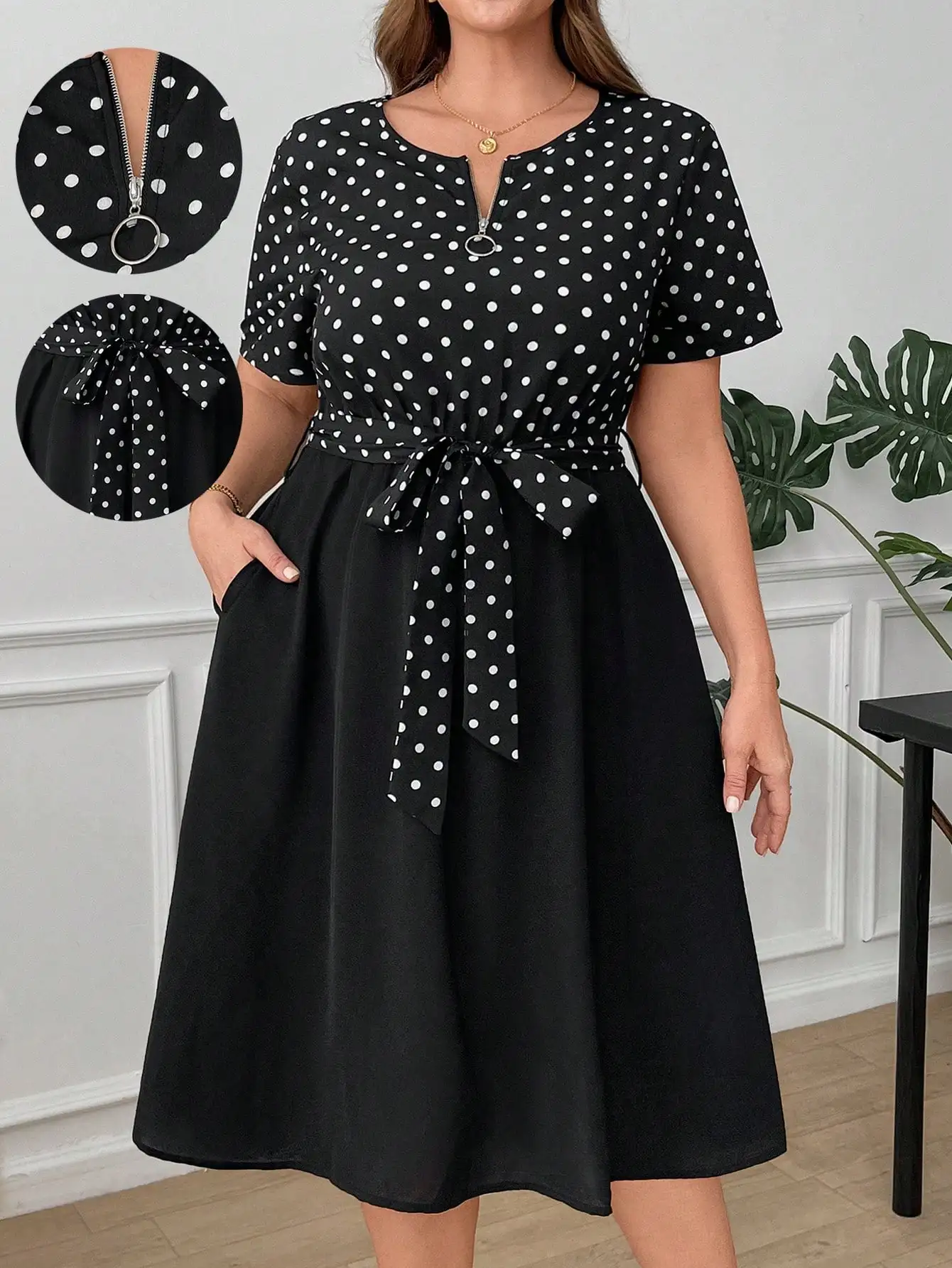 Plus Size Polka Dot Summer Dress with Zipper Neck and Tie Waist, Casual Elegant Women's Midi Dress
Plus Size Polka Dot Summer Dress with Zipper Neck and Tie Waist, Casual Elegant Women's Midi Dress