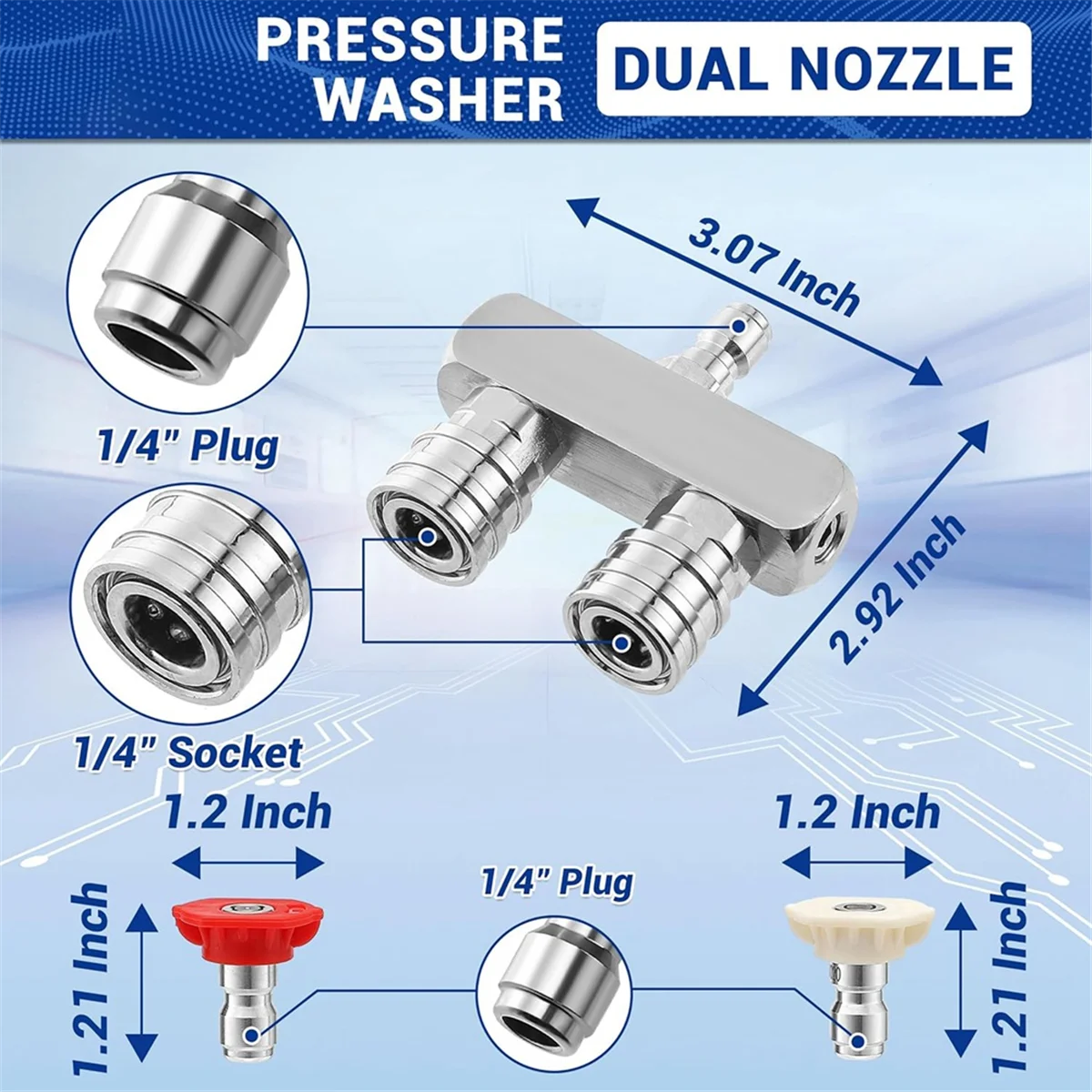 Pressure Washer Tips, 2-In-1 Washer Nozzle Tip, Dual Pressure Washer Nozzle with 4PCS Pressure Washer Spray Nozzles ST
Pressure Washer Tips, 2-In-1 Washer Nozzle Tip, Dual Pressure Washer Nozzle with 4PCS Pressure Washer Spray Nozzles ST