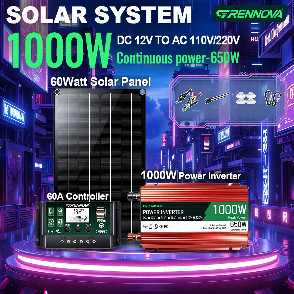 Solar System Kit | 60W Solar Panel 60A Controller 1000W Peak (650W Rated) Inverter, DC 12V To 110V/220V for Home Backup & RV Use
Solar System Kit | 60W Solar Panel 60A Controller 1000W Peak (650W Rated) Inverter, DC 12V To 110V/220V for Home Backup & RV Use