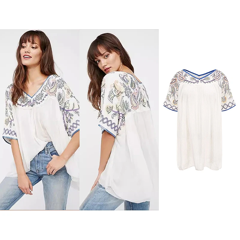Bohemian Embroidered Sequins Decorated Women's T-shirt Tops V-neck Short-sleeved Summer Vacation Beach Tops
Bohemian Embroidered Sequins Decorated Women's T-shirt Tops V-neck Short-sleeved Summer Vacation Beach Tops