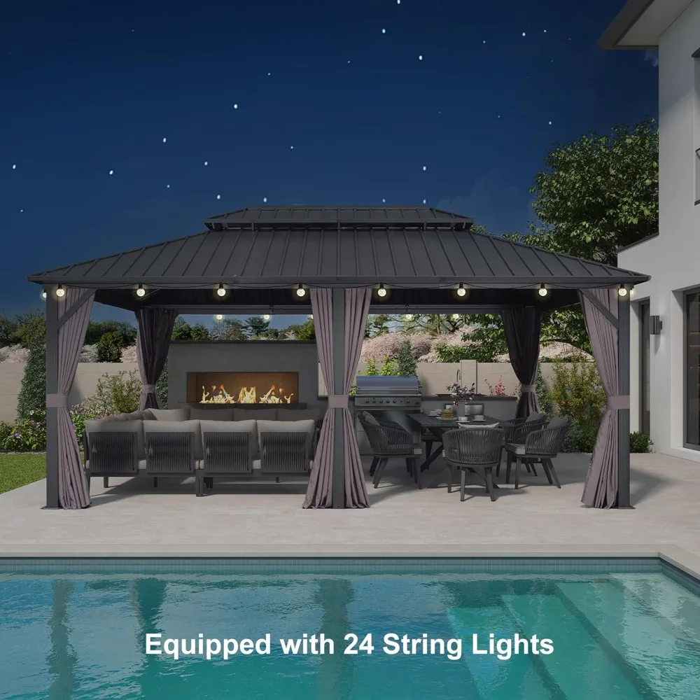 12'x18' Hardtop Gazebo with Lights Patio Outdoor Pavilion with Galvanized Steel Double Roof Includes Netting and Curtains
12'x18' Hardtop Gazebo with Lights Patio Outdoor Pavilion with Galvanized Steel Double Roof Includes Netting and Curtains