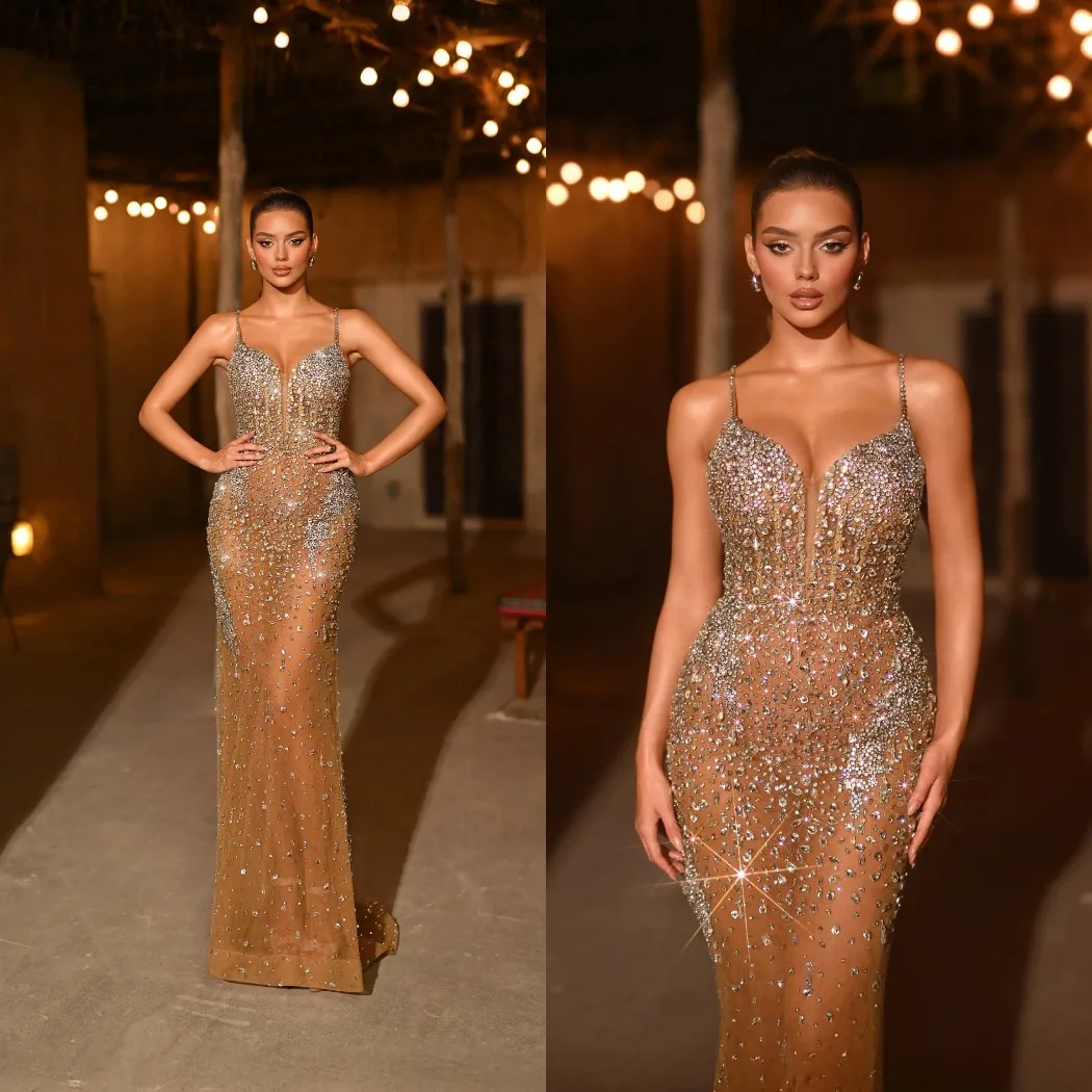 Sparkly Evening Dresses Illusion Mermaid Prom Dress Crystal Spaghetti Straps Sleeveless Customized Party Gown Vestidos De Noche
Sparkly Evening Dresses Illusion Mermaid Prom Dress Crystal Spaghetti Straps Sleeveless Customized Party Gown Vestidos De Noche