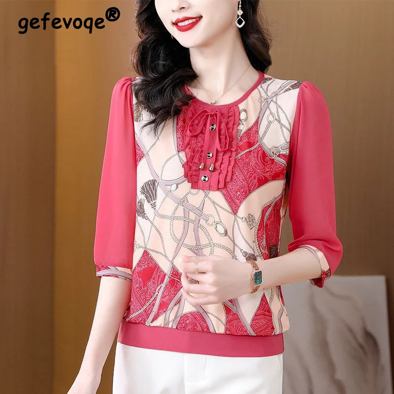 Women's Ruffle Lace Up Elegant Blouse Summer Korean Fashion Vintage Print Half Sleeve Sweet Chic Shirt Loose O Neck Tops Blusas
Women's Ruffle Lace Up Elegant Blouse Summer Korean Fashion Vintage Print Half Sleeve Sweet Chic Shirt Loose O Neck Tops Blusas