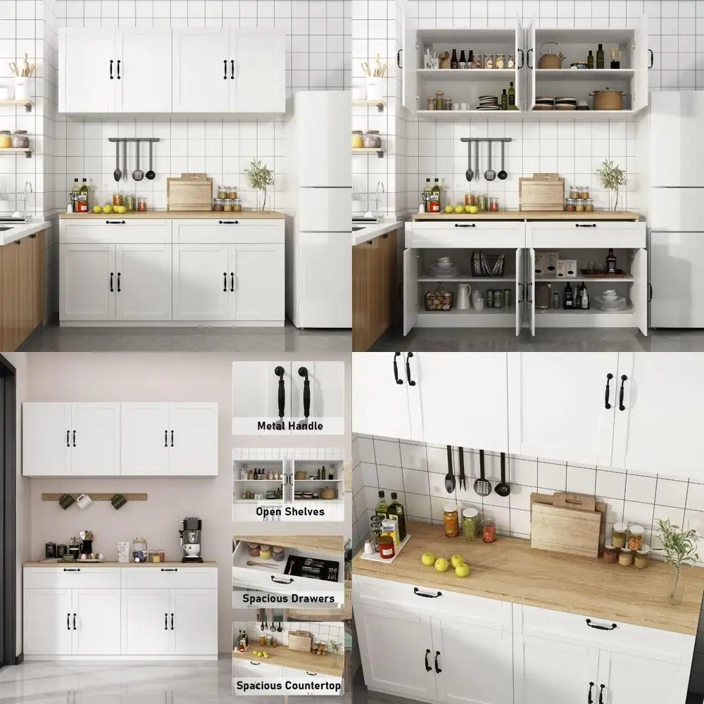 Wall-Mounted Kitchen Storage Cabinet with Countertop, Drawers & Doors, White Pantry Cabinet
Wall-Mounted Kitchen Storage Cabinet with Countertop, Drawers & Doors, White Pantry Cabinet