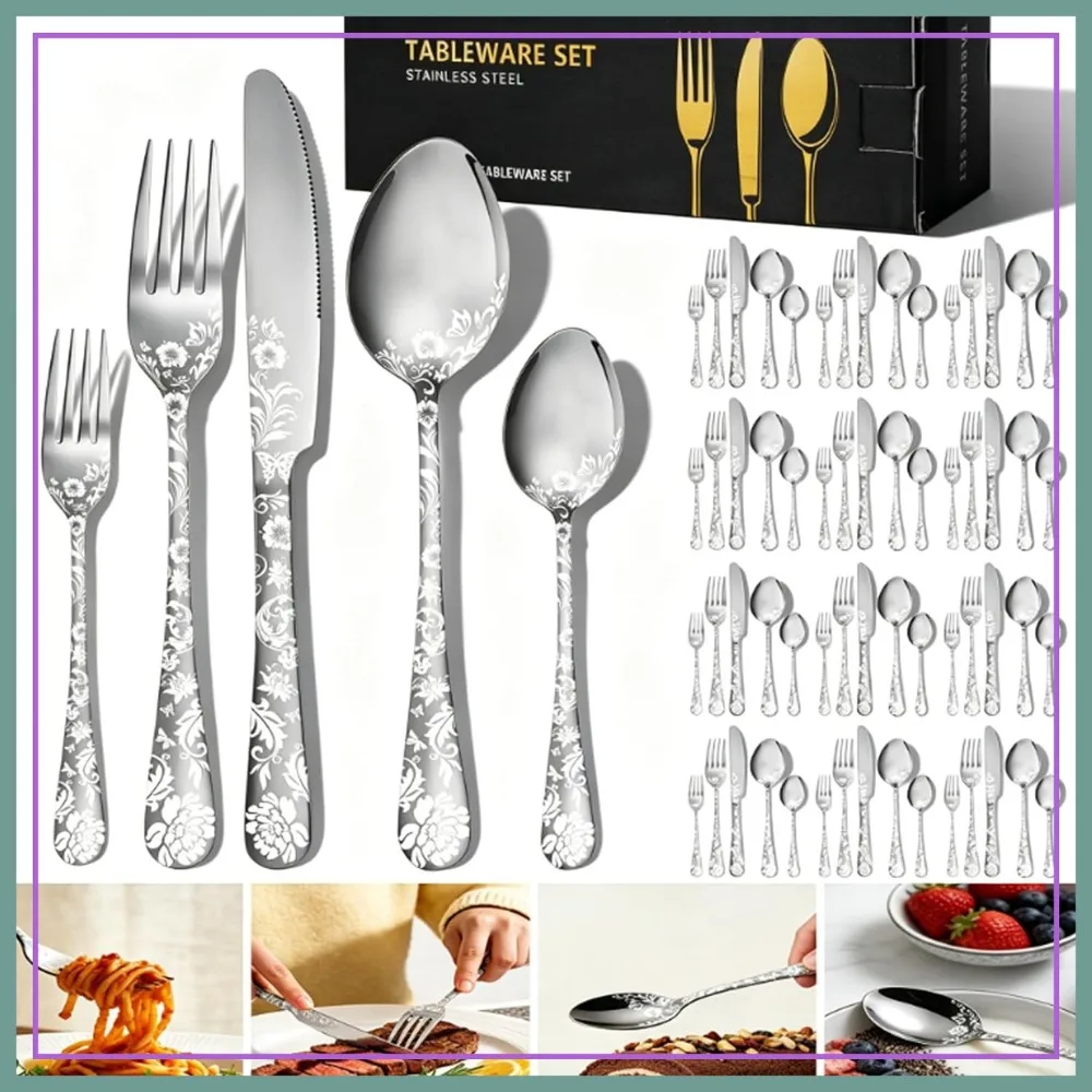 60 Piece Floral Silverware Set for 12, Mirror Polished Stainless Steel Flatware, Includes Knife Fork Spoon, Dishwasher Safe
60 Piece Floral Silverware Set for 12, Mirror Polished Stainless Steel Flatware, Includes Knife Fork Spoon, Dishwasher Safe
