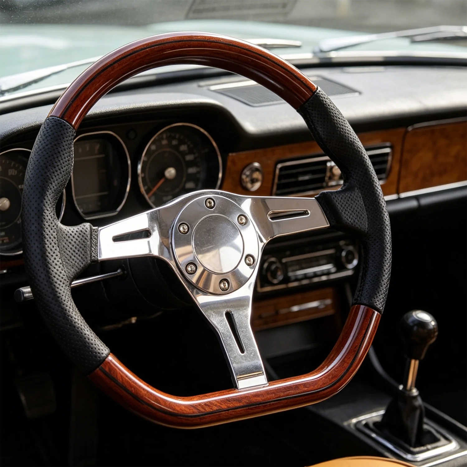 Vintage Car Steering Wheel Classic Wood Grain Chrome 3 Spoke Universal Retro Racing Steering Wheel with Perforated Leather Grip
Vintage Car Steering Wheel Classic Wood Grain Chrome 3 Spoke Universal Retro Racing Steering Wheel with Perforated Leather Grip