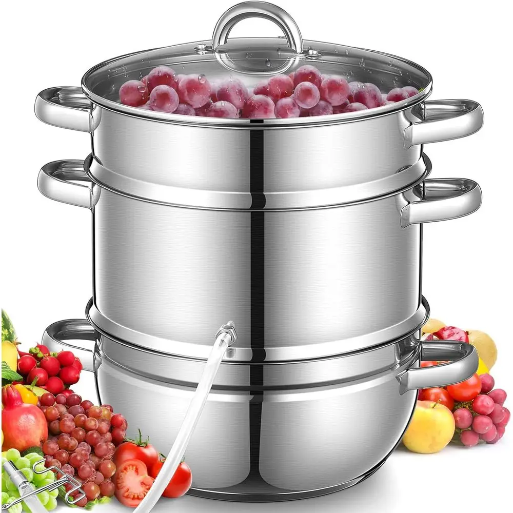 Stainless Steel Juice Extractor with Glass Lid, Hose, Clamp, and Handles for Fresh Fruit and Vegetable Juices
Stainless Steel Juice Extractor with Glass Lid, Hose, Clamp, and Handles for Fresh Fruit and Vegetable Juices