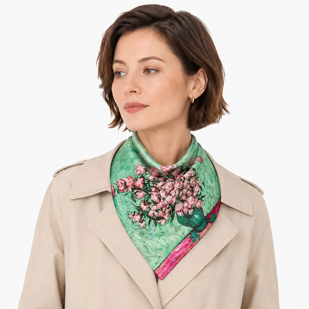 53cm Pure Silk Hair Neck Scarf Women Van Gogh Peony Vase Oil Painting Mint Green Pink Print Bandana Head Square Neckerchief Wrap
53cm Pure Silk Hair Neck Scarf Women Van Gogh Peony Vase Oil Painting Mint Green Pink Print Bandana Head Square Neckerchief Wrap