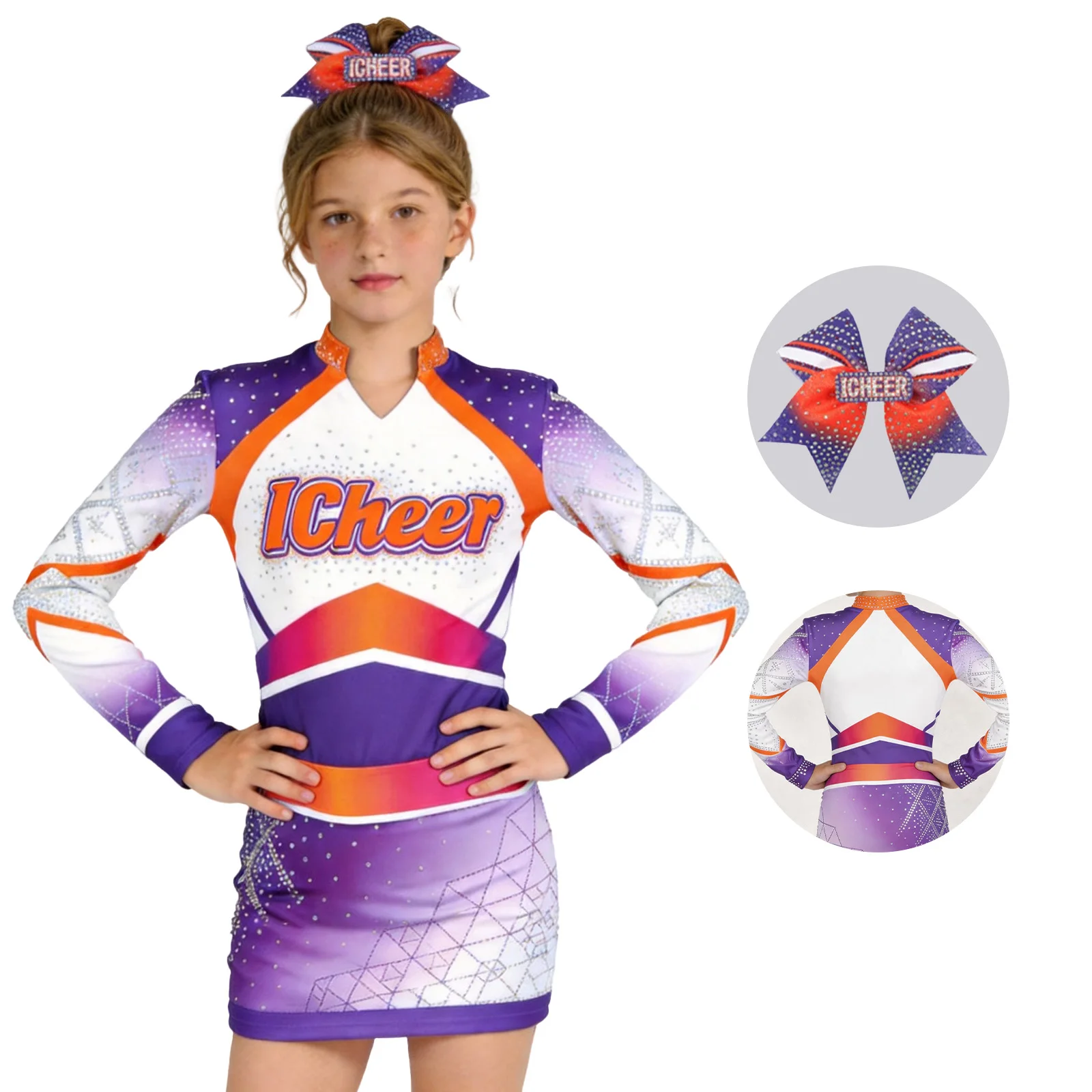 Girls Bling Rhinestone Cheer Leader Uniform Long Sleeve Purple Orange Gradient Cheer Dress Bow Kids Cheerleading Dance Outfit
Girls Bling Rhinestone Cheer Leader Uniform Long Sleeve Purple Orange Gradient Cheer Dress Bow Kids Cheerleading Dance Outfit