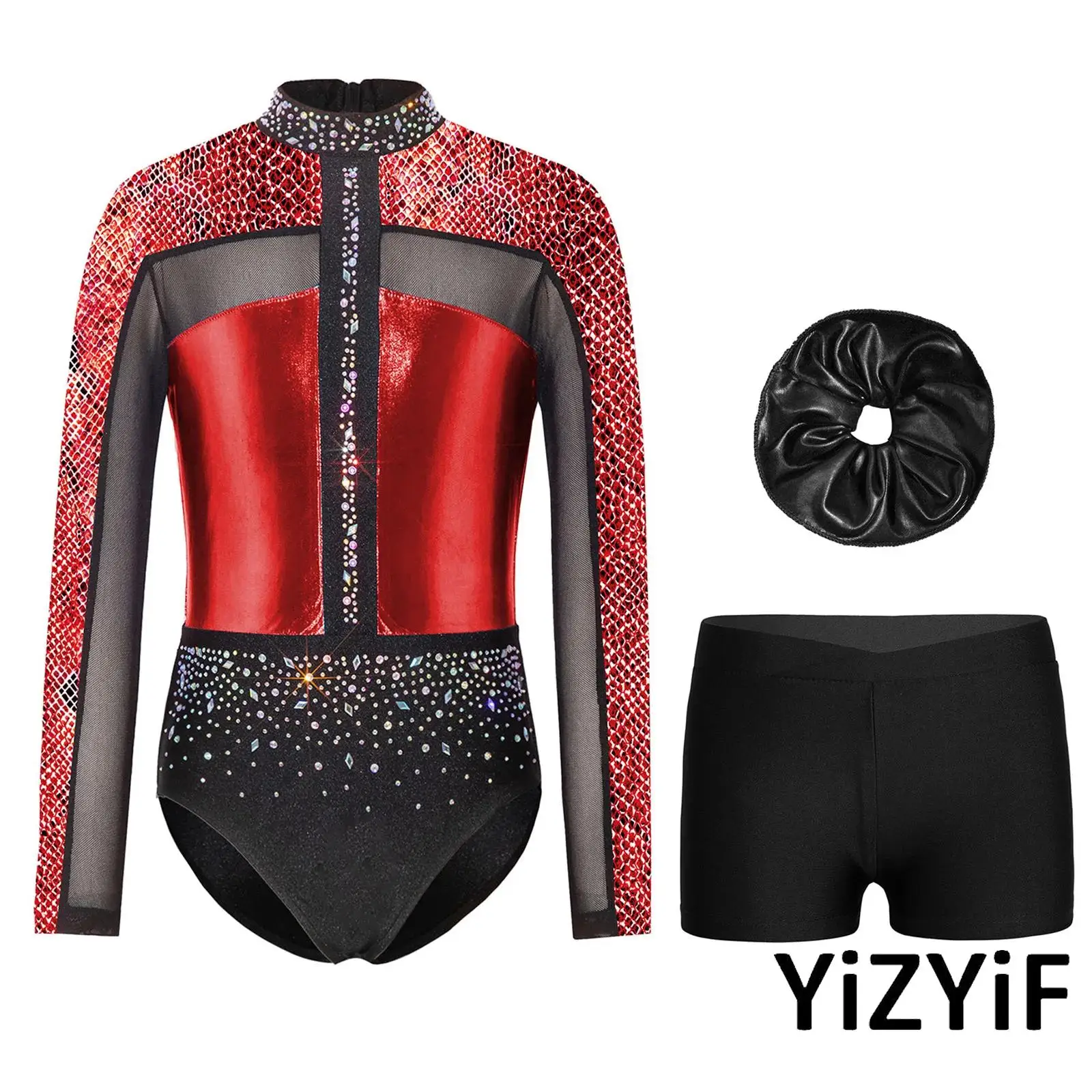 Girls 3 Pcs Figure Skating Dance Costume Set Sparkle Rhinestones Patchwork Design Long Sleeve Leotards and Shorts with Hairtie
Girls 3 Pcs Figure Skating Dance Costume Set Sparkle Rhinestones Patchwork Design Long Sleeve Leotards and Shorts with Hairtie