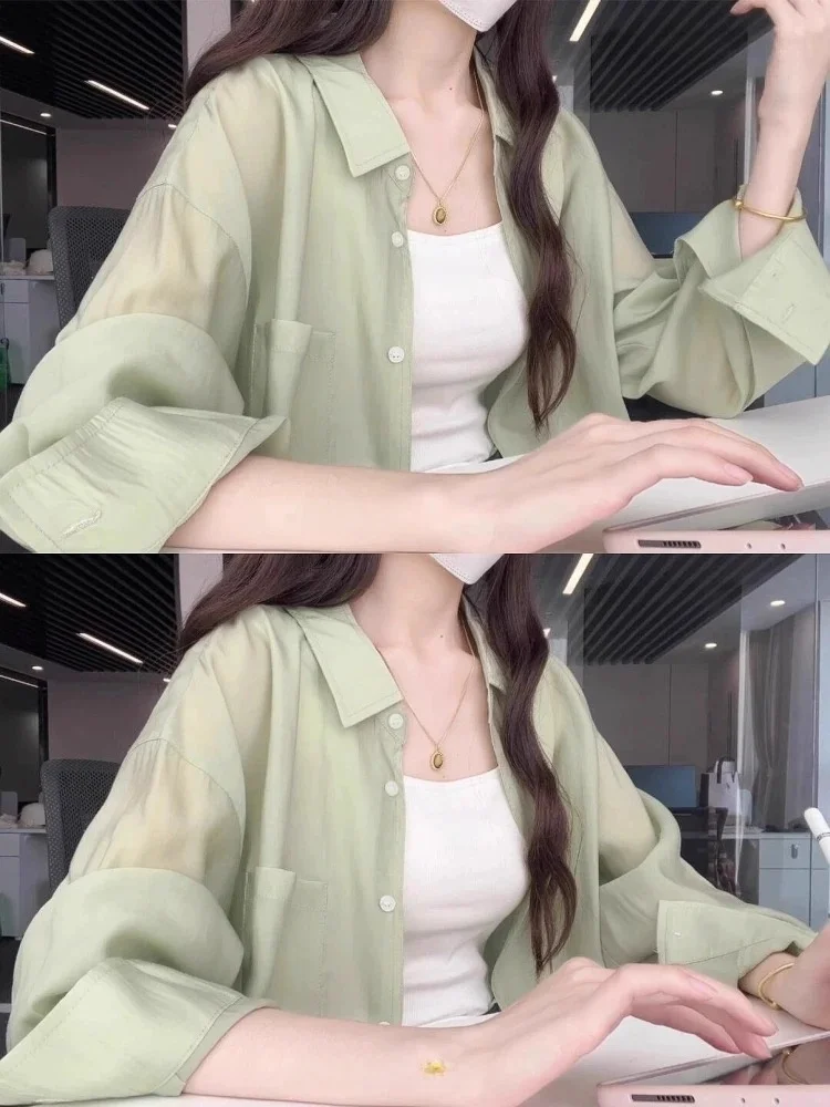 Mint Green Sun Protection Shirt Women's Summer Thin Outerwear Chiffon Top Coat Loose Fit Long Sleeve Collar Color
Mint Green Sun Protection Shirt Women's Summer Thin Outerwear Chiffon Top Coat Loose Fit Long Sleeve Collar Color