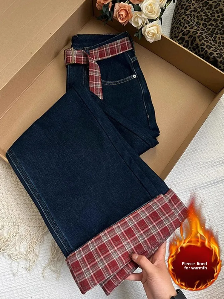 Retro Cuffed Deep Blue Wide Leg Denim Pants Women's High Waist Loose Fit Fleece Lined Straight Long Trousers Autumn Winter
Retro Cuffed Deep Blue Wide Leg Denim Pants Women's High Waist Loose Fit Fleece Lined Straight Long Trousers Autumn Winter
