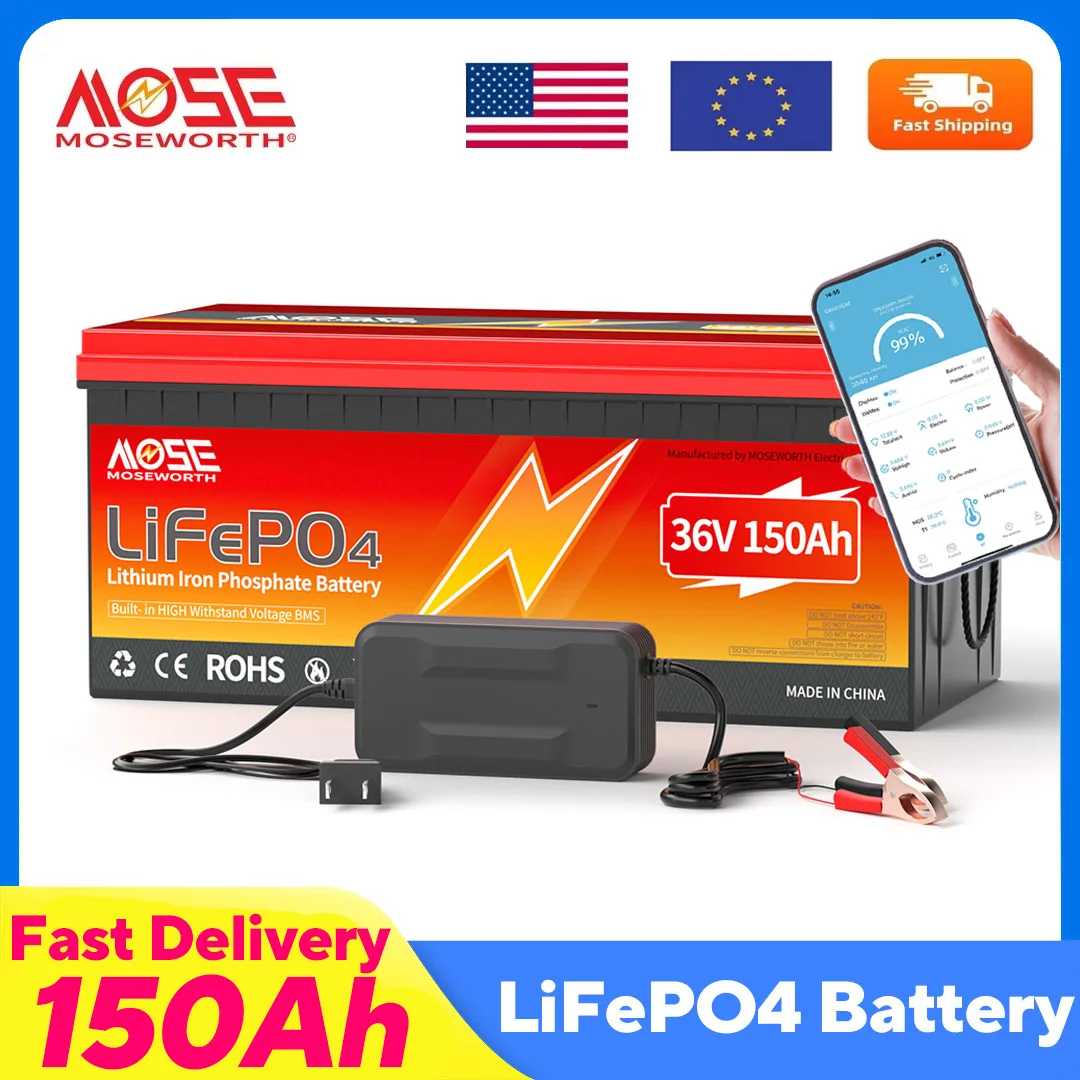MOSEWORTH 36V 150AH LiFePO4 Battery with Bluetooth 200A BMS Rechargeable Lithium Batteries with Charger for Golf Cart Solar RV 
MOSEWORTH 36V 150AH LiFePO4 Battery with Bluetooth 200A BMS Rechargeable Lithium Batteries with Charger for Golf Cart Solar RV