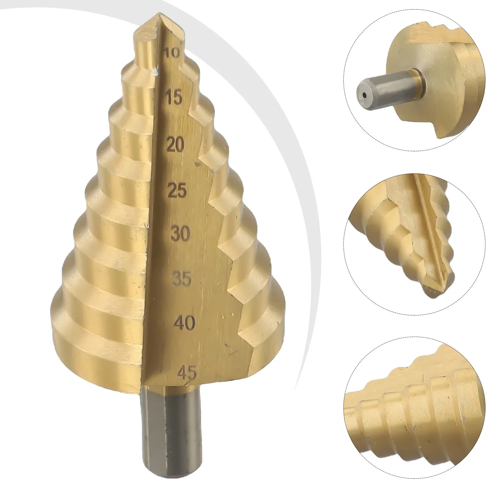 10-45mm Step Drill Bit 8 Step Tapered Drill Bit Straight Flutes Titanium Coated Wood Metal Hole Opener High Speed Steel Drill 
10-45mm Step Drill Bit 8 Step Tapered Drill Bit Straight Flutes Titanium Coated Wood Metal Hole Opener High Speed Steel Drill