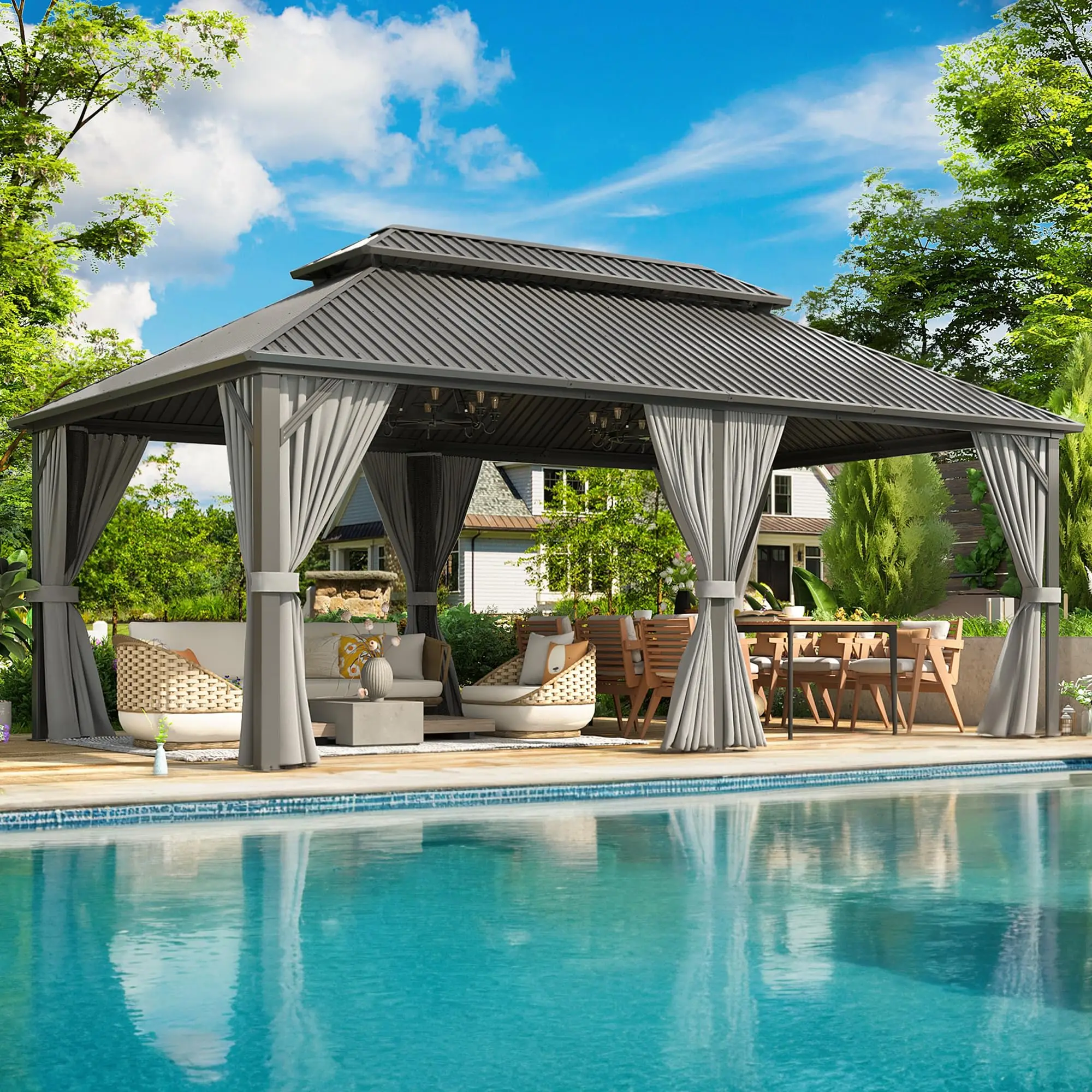 POLAR AURORA 12x20FT Hardtop Gazebo, Aluminum Frame & Galv Steel Roof w/ Netting Curtains - All-Weather Gray Pavilion for Patio 
POLAR AURORA 12x20FT Hardtop Gazebo, Aluminum Frame & Galv Steel Roof w/ Netting Curtains - All-Weather Gray Pavilion for Patio