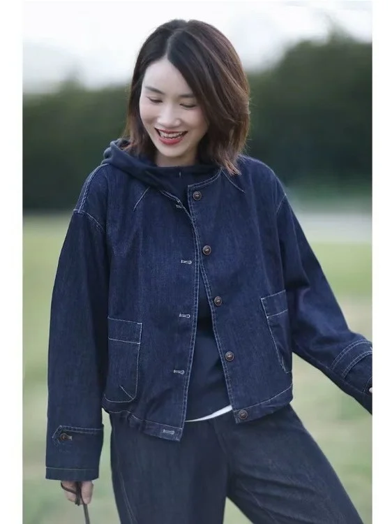 Authentic Cool Retro Workwear Style round Neck Denim Jacket Short Coat for Women Pear Shape Regular Thickness Pure Color
Authentic Cool Retro Workwear Style round Neck Denim Jacket Short Coat for Women Pear Shape Regular Thickness Pure Color
