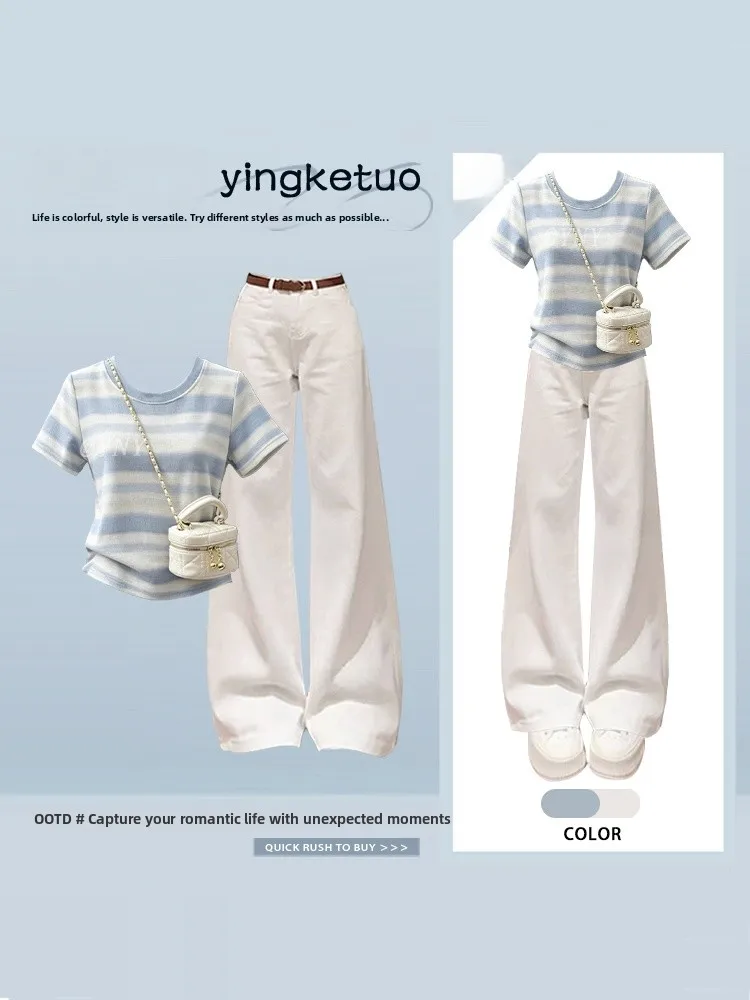 Summer Women's round Neck Striped T-Shirt Wide Leg Casual Pants Fashionable Slimming Two Piece Set Casual Comfortable Breathable
Summer Women's round Neck Striped T-Shirt Wide Leg Casual Pants Fashionable Slimming Two Piece Set Casual Comfortable Breathable