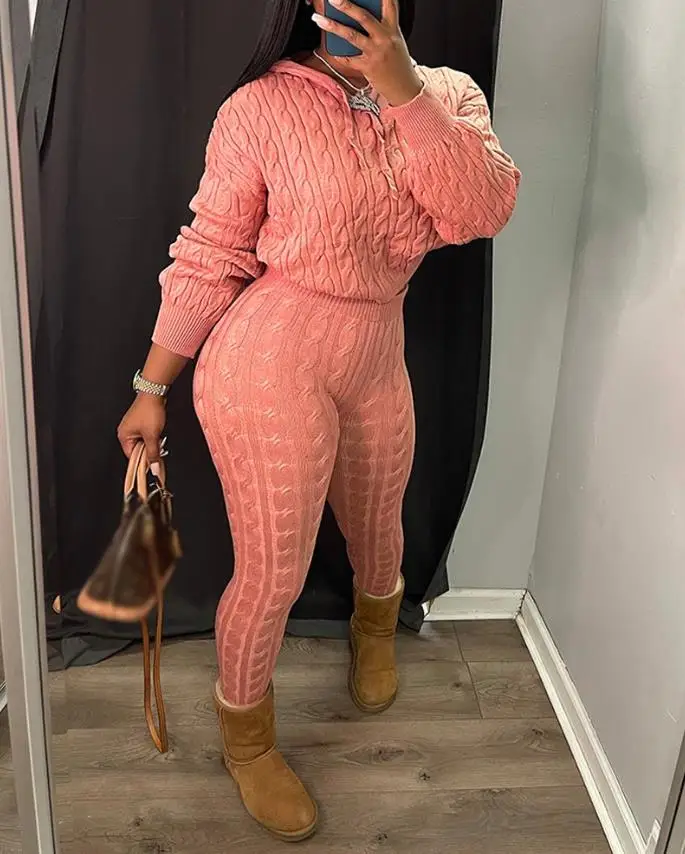 Two Piece Set for Women 2024 Autumn Winter New Fashion Solid Color Long Sleeve Cable Knit Hooded Sweater & Daily Pants Set
Two Piece Set for Women 2024 Autumn Winter New Fashion Solid Color Long Sleeve Cable Knit Hooded Sweater & Daily Pants Set