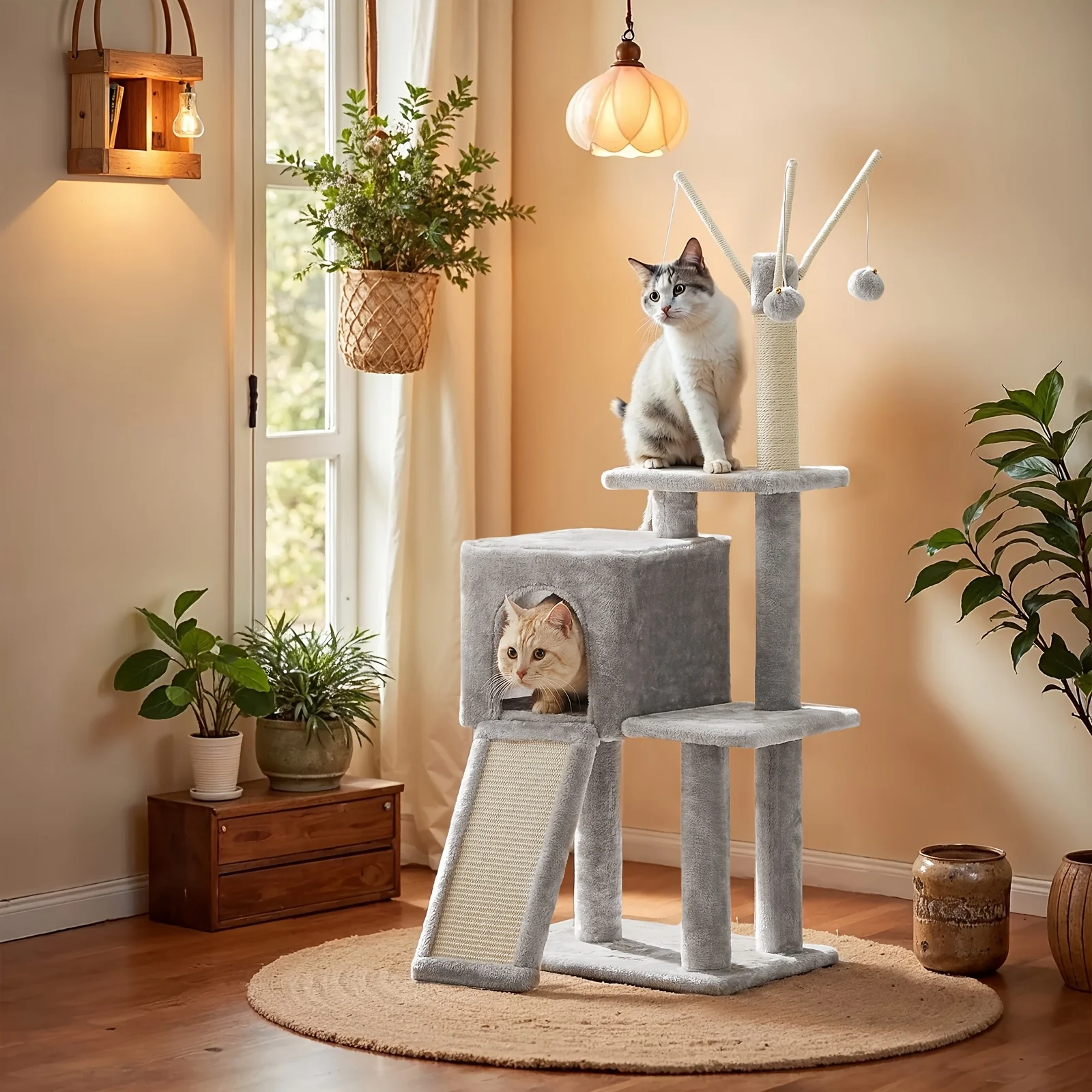 Cat Tree for Indoor Cats - 46.5-Inch Multi-Level Plush Cat Tower with Scratching Post, Ramp, 3 Removable Pompom Sticks, Cat Cave, Cat Furniture for Indoor Cats & KIttens, Easy Assembly, Sturdy, Cat Accessories, Christmas Gift
Cat Tree for Indoor Cats - 46.5-Inch Multi-Level Plush Cat Tower with Scratching Post, Ramp, 3 Removable Pompom Sticks, Cat Cave, Cat Furniture for Indoor Cats & KIttens, Easy Assembly, Sturdy, Cat Accessories, Christmas Gift