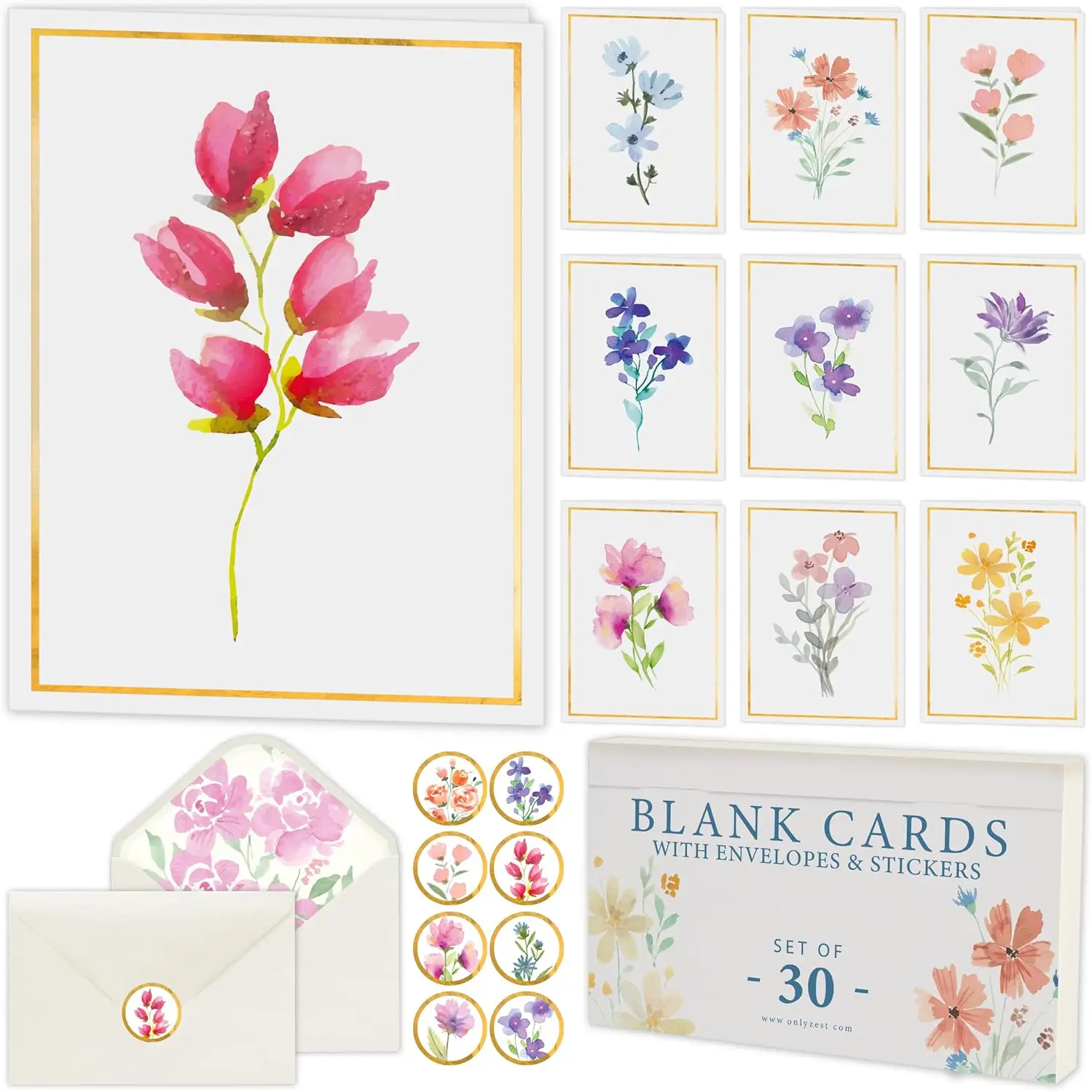 30 Blank Note Cards with Envelopes 4x6 – Floral Design with Gold Border for Greetings, Thank You, Sympathy
30 Blank Note Cards with Envelopes 4x6 – Floral Design with Gold Border for Greetings, Thank You, Sympathy
