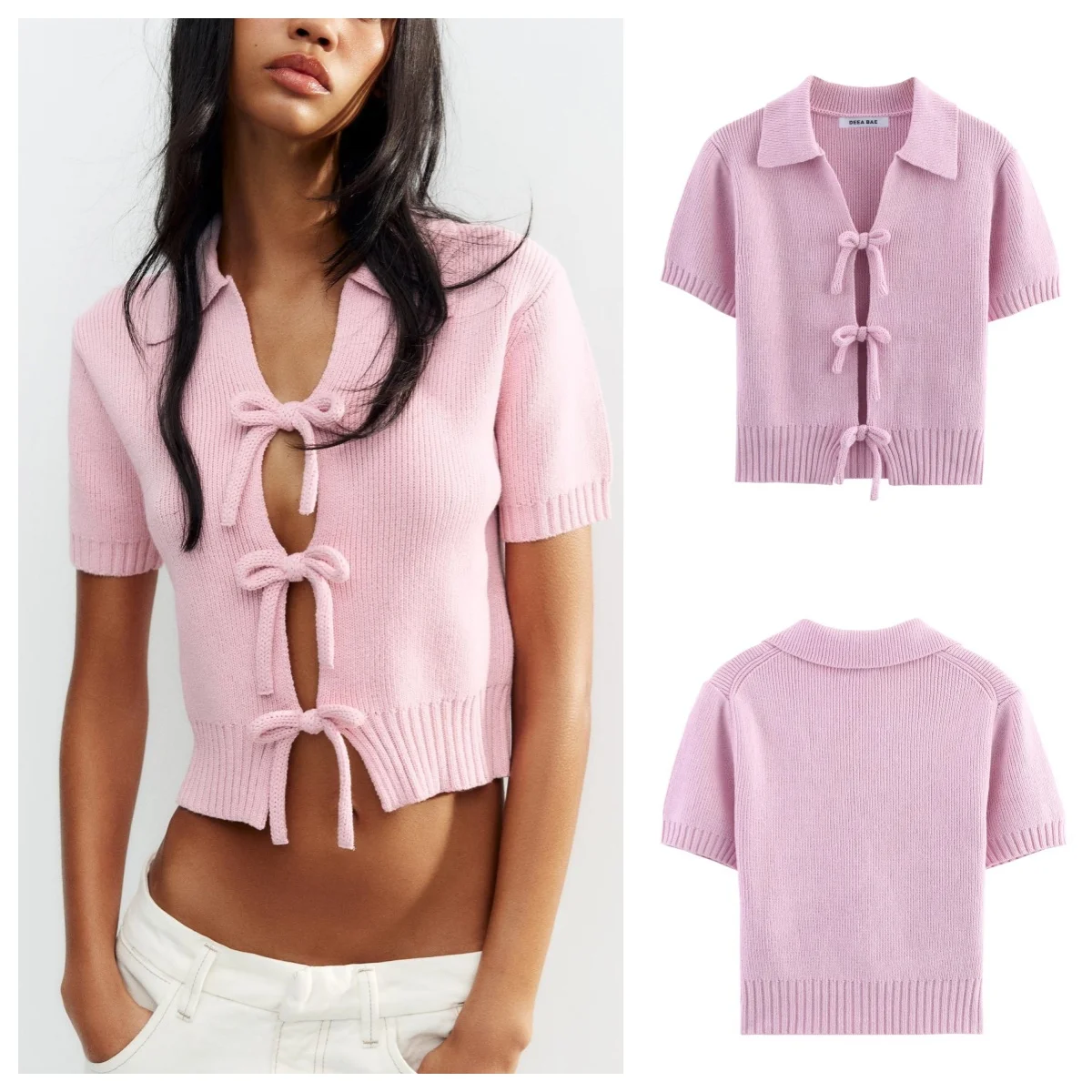European and American style new style lapel bow tie versatile short-sleeved knitted sweater
European and American style new style lapel bow tie versatile short-sleeved knitted sweater
