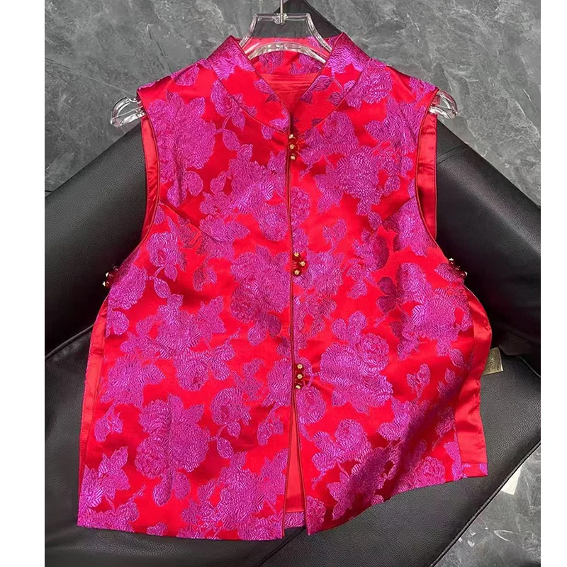 Spring New Chinese Style Stand Collar Three Row Buckle Rose Red Silk Jacquard Fabric Young And Fashionable Women's Vest S-XL
Spring New Chinese Style Stand Collar Three Row Buckle Rose Red Silk Jacquard Fabric Young And Fashionable Women's Vest S-XL