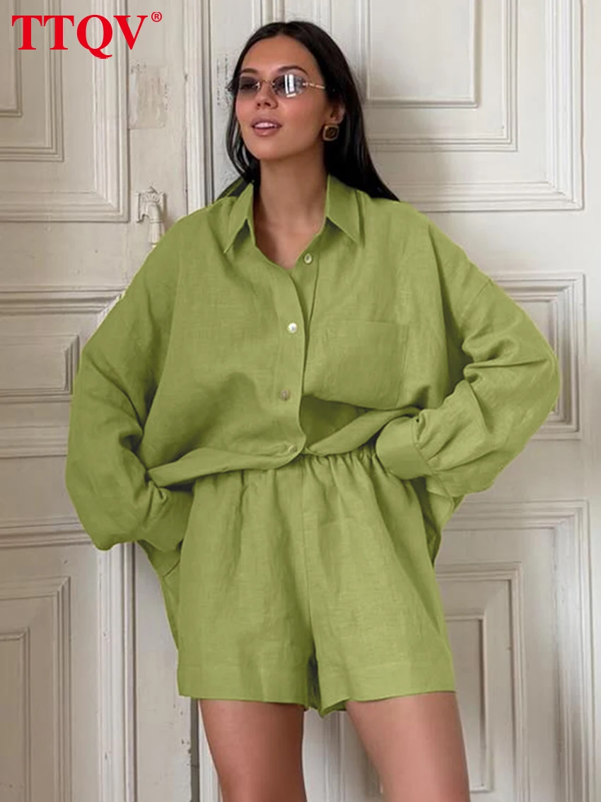 TTQV Fashion Loose Green Cotton 2 Piece Set Women 2026 Elegant Long Sleeve Shirt With High Waist Shorts Set Female Clothing
TTQV Fashion Loose Green Cotton 2 Piece Set Women 2026 Elegant Long Sleeve Shirt With High Waist Shorts Set Female Clothing