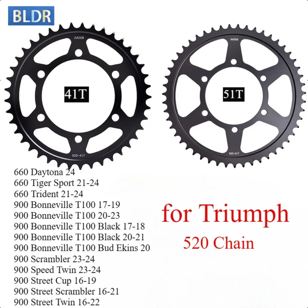 520-41 51T Rear Sprocket for Triumph 660 Daytona 660 Tiger Sport Trident 900 Bonneville T100 900 Scrambler Speed Twin Street Cup
520-41 51T Rear Sprocket for Triumph 660 Daytona 660 Tiger Sport Trident 900 Bonneville T100 900 Scrambler Speed Twin Street Cup