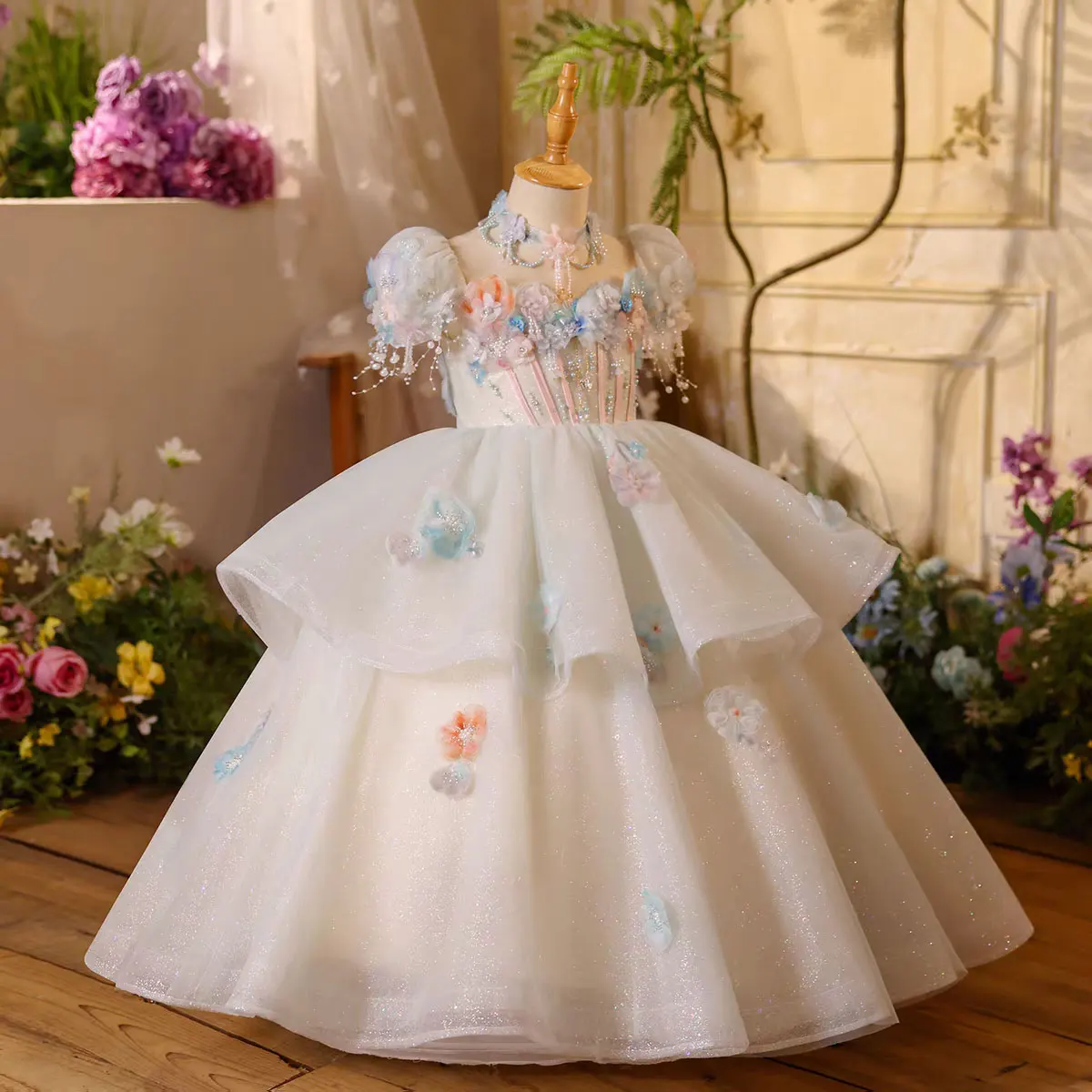 Jill Wish J604 Girls Sparkly Flower Girl Dress 3D Floral Appliques & Pearls Puff Sleeve Princess Ball Gown Tiered Glitter Tulle
Jill Wish J604 Girls Sparkly Flower Girl Dress 3D Floral Appliques & Pearls Puff Sleeve Princess Ball Gown Tiered Glitter Tulle
