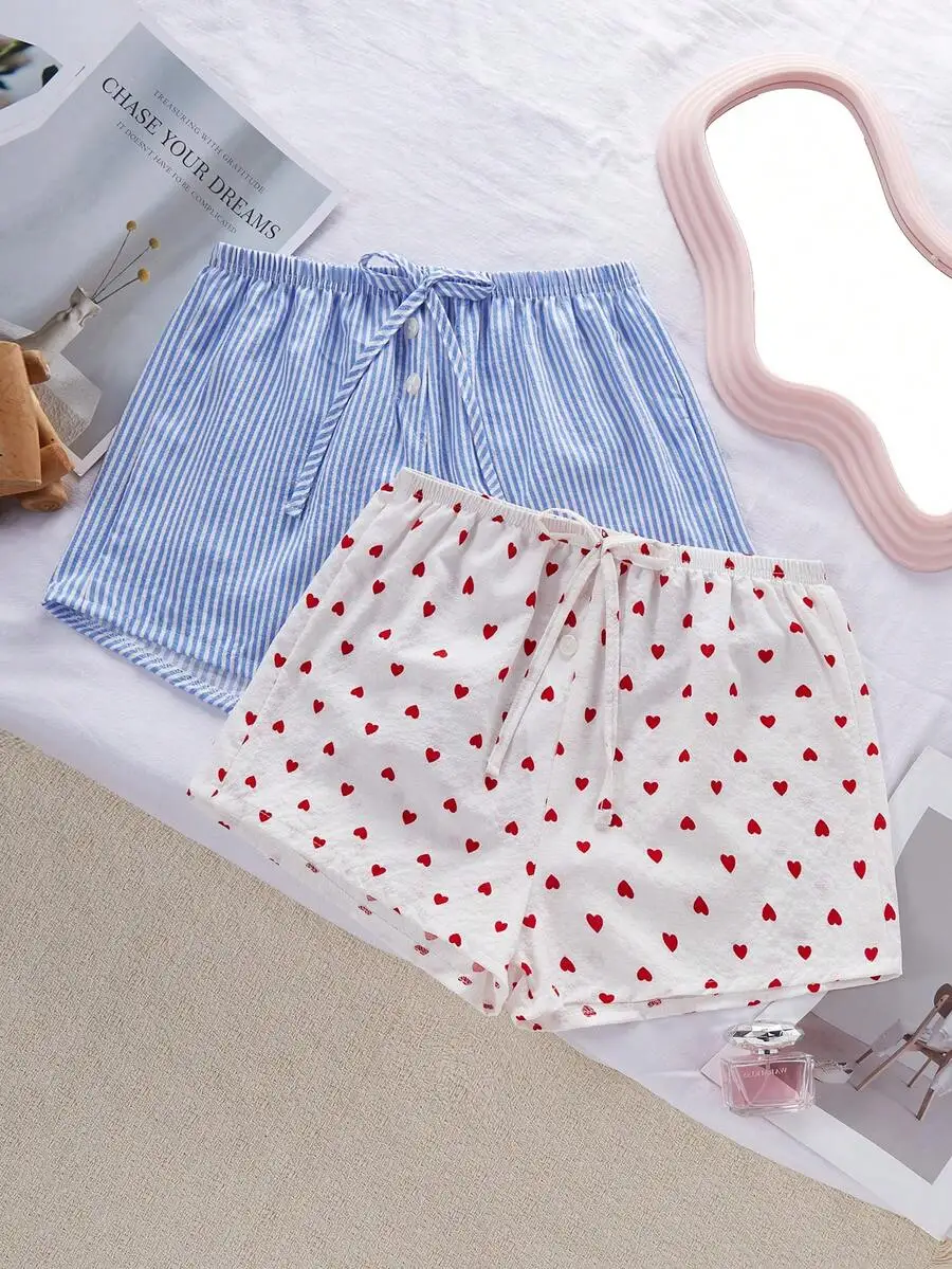 2pcs Women Pajama Shorts Set - Striped And Heart Print With Faux Button Casual Sleepwear
2pcs Women Pajama Shorts Set - Striped And Heart Print With Faux Button Casual Sleepwear