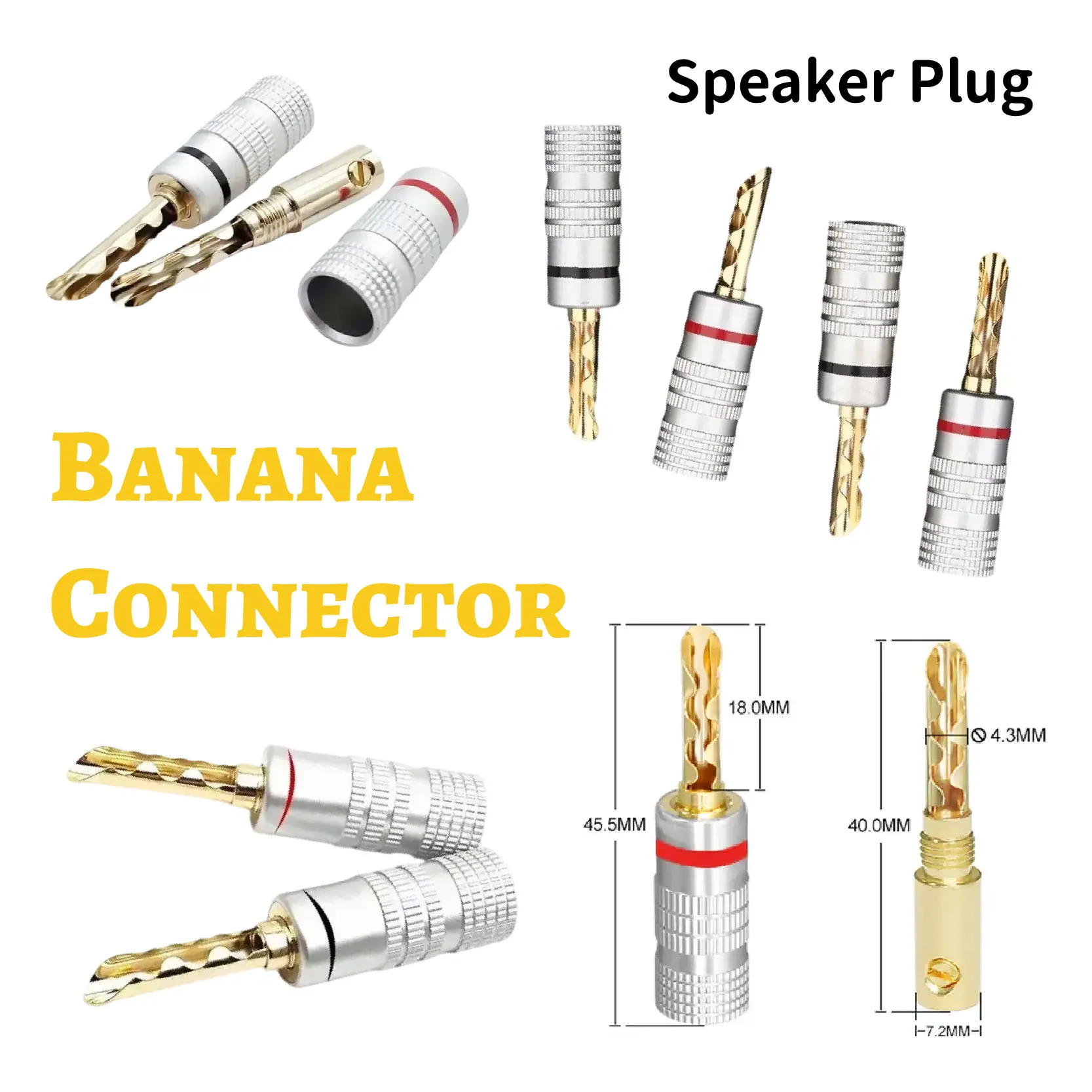 Banana Plugs 4mm Sawtooth Gold Plated Pure Copper BFA Compatible Speaker Wire Connectors for Audio Amplifier
Banana Plugs 4mm Sawtooth Gold Plated Pure Copper BFA Compatible Speaker Wire Connectors for Audio Amplifier