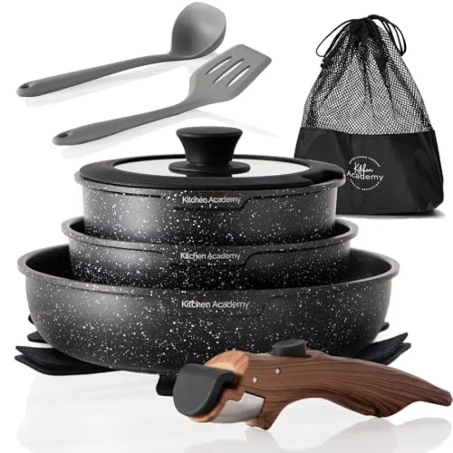 Removable Handle Induction Pots and Pans Set - 10 Piece Non-stick Cookware Sets with Black Granite Finish Stackable Design Idea
Removable Handle Induction Pots and Pans Set - 10 Piece Non-stick Cookware Sets with Black Granite Finish Stackable Design Idea