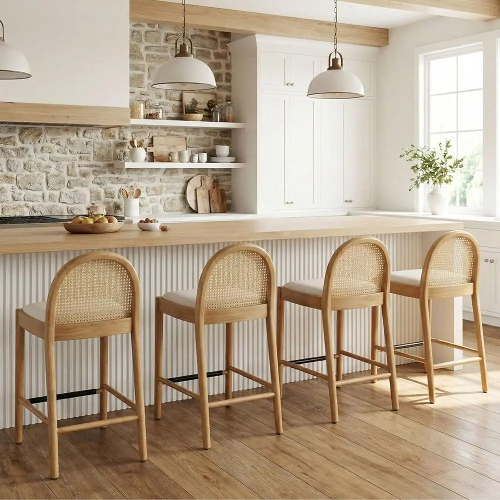 Set of 4 Natural Rattan Cane Back Counter Stools, 26 Seat Height, Wooden Legs, Beige
Set of 4 Natural Rattan Cane Back Counter Stools, 26 Seat Height, Wooden Legs, Beige