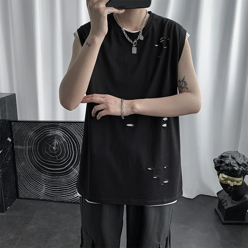 Summer men's sleeveless t-shirt with holes, trendy brand, fashionable and versatile vest, beggar's tattered short sleeved shirt
Summer men's sleeveless t-shirt with holes, trendy brand, fashionable and versatile vest, beggar's tattered short sleeved shirt