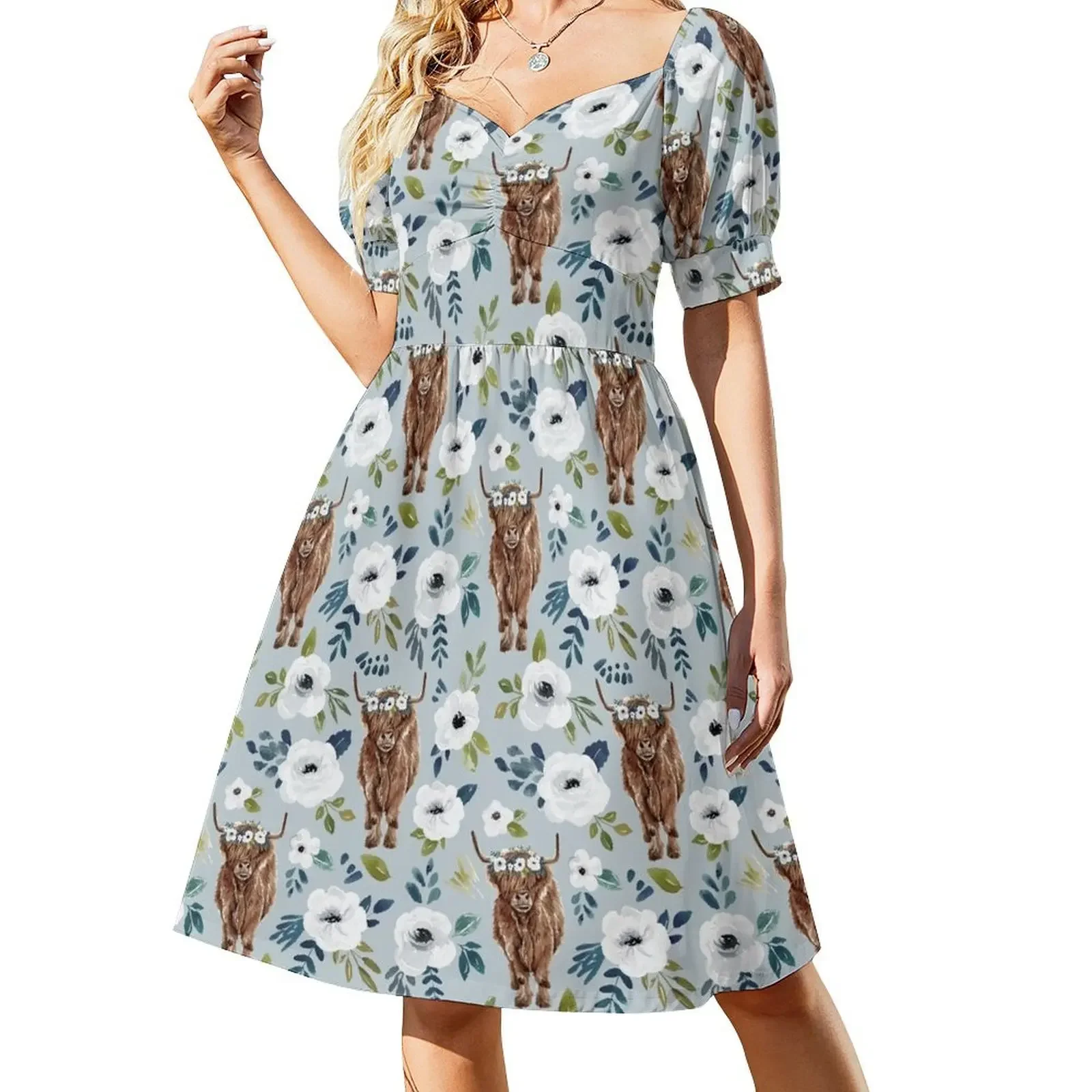 Highland Cow with Flowers, Blue, Floral Crown, Cow Painting, Farmhouse Decor Short-Sleeved Dress Prom gown Beachwear Dress
Highland Cow with Flowers, Blue, Floral Crown, Cow Painting, Farmhouse Decor Short-Sleeved Dress Prom gown Beachwear Dress